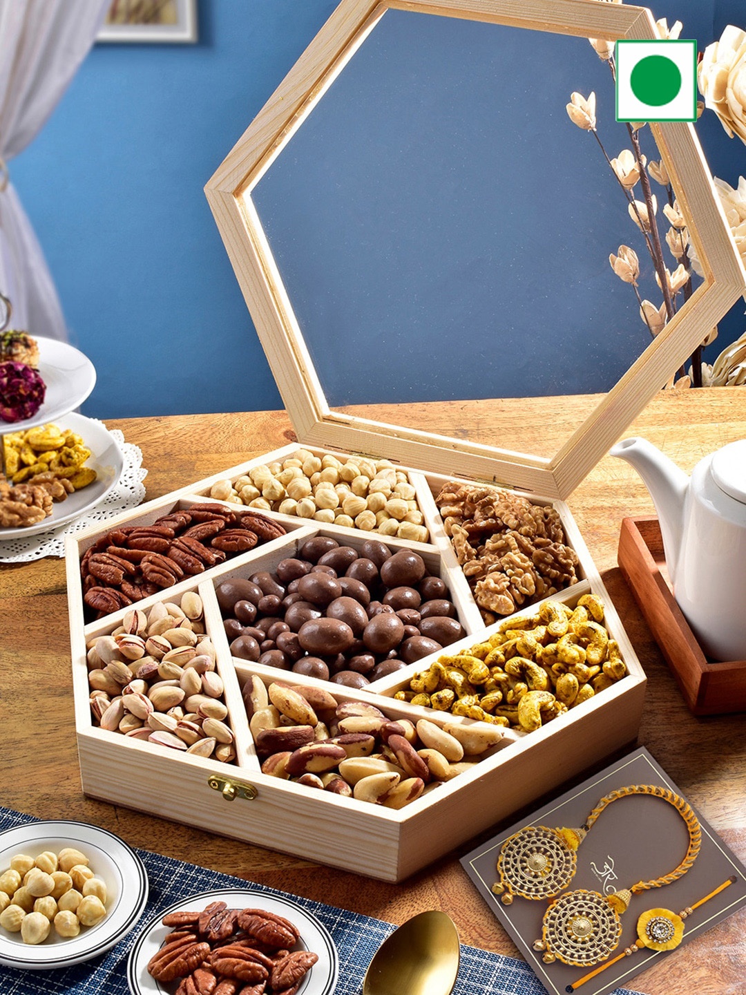

RawFruit Deluxe Nut Hamper With Bhai Bhabhi Rakhi, Yellow