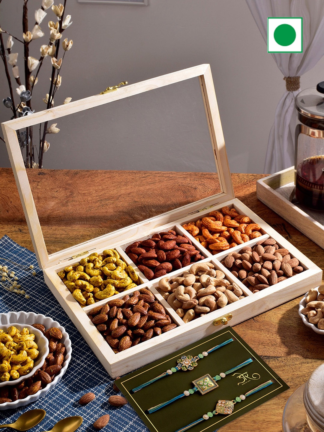 

RawFruit Roasted Mix Hamper with 3 Rakhis, Cream