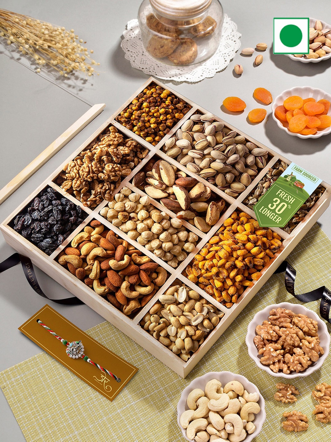

RawFruit Jumbo Nut Box With Rakhi 1300gms, Cream