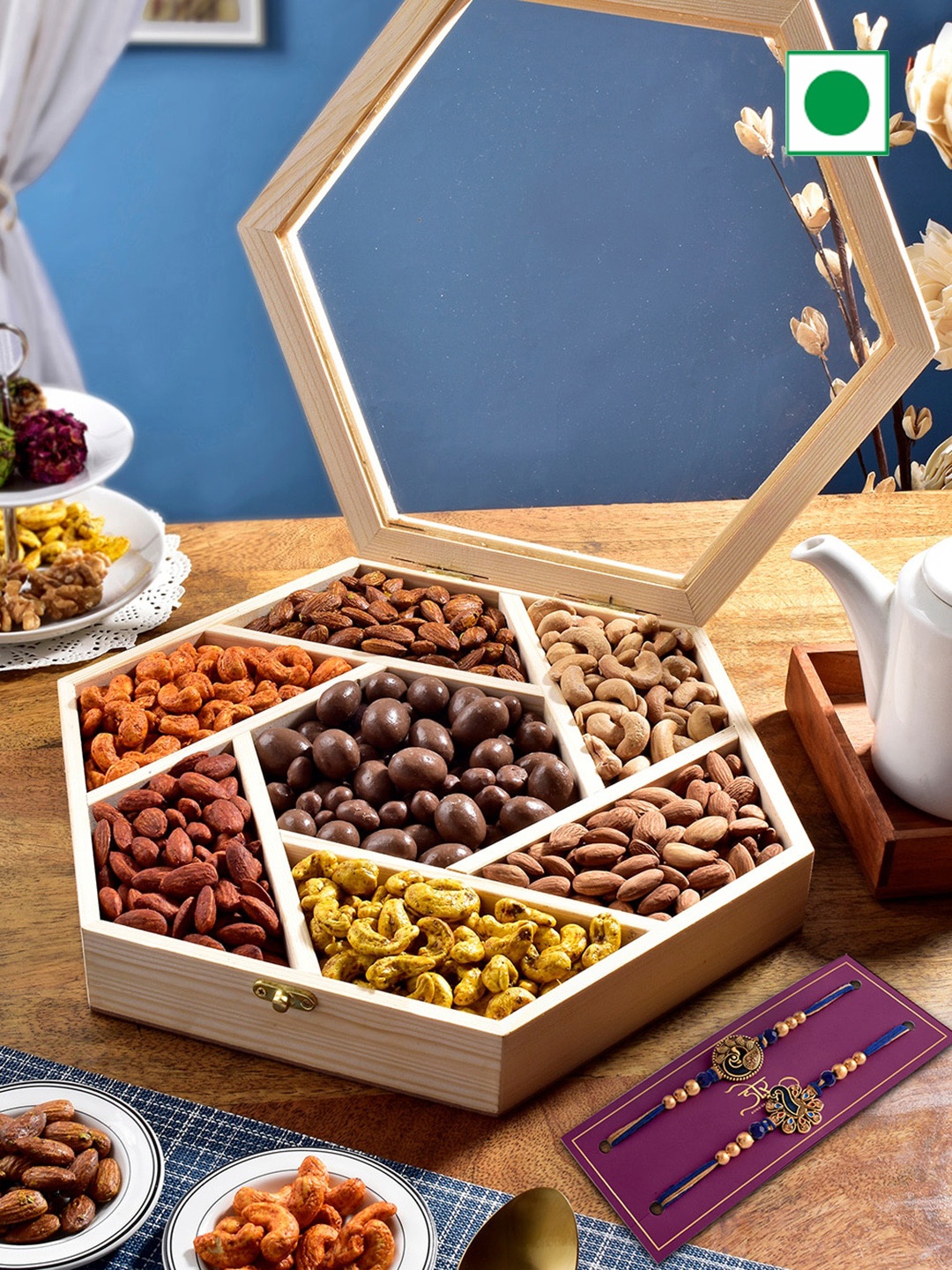 

RawFruit Roasted Nut Hamper With 2 Rakhis, Blue