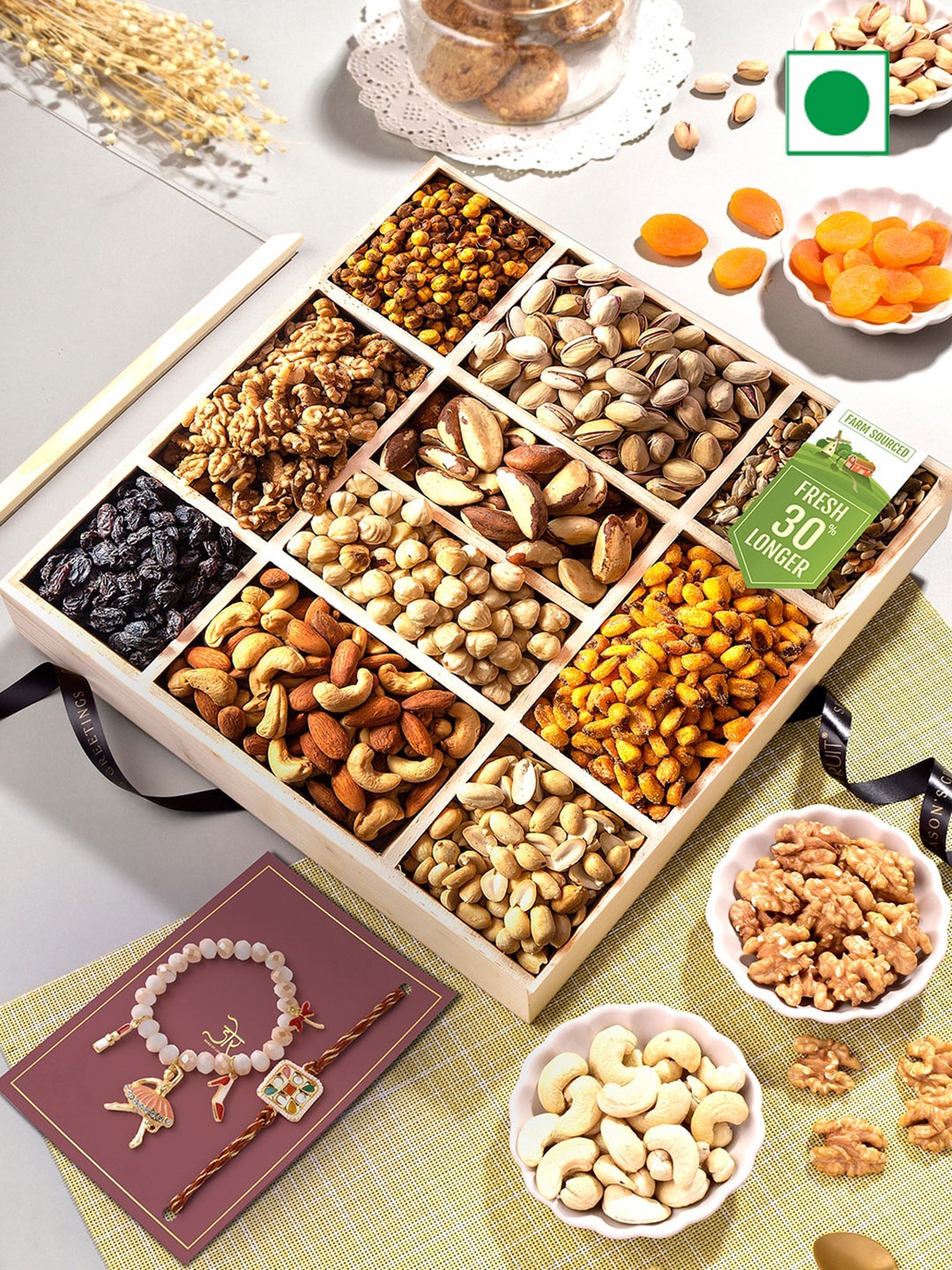

RawFruit Jumbo Nut Box With Bhai Bhabhi Rakhi, Cream