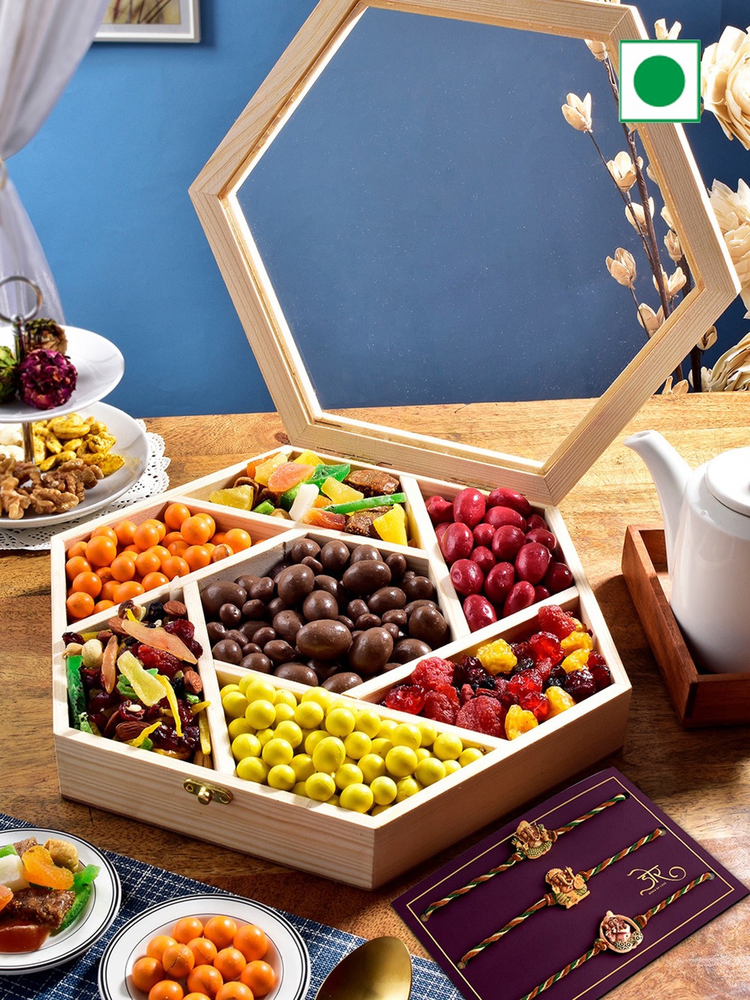 

RawFruit Royal Assortment Hamper With 3 Rakhis, Gold