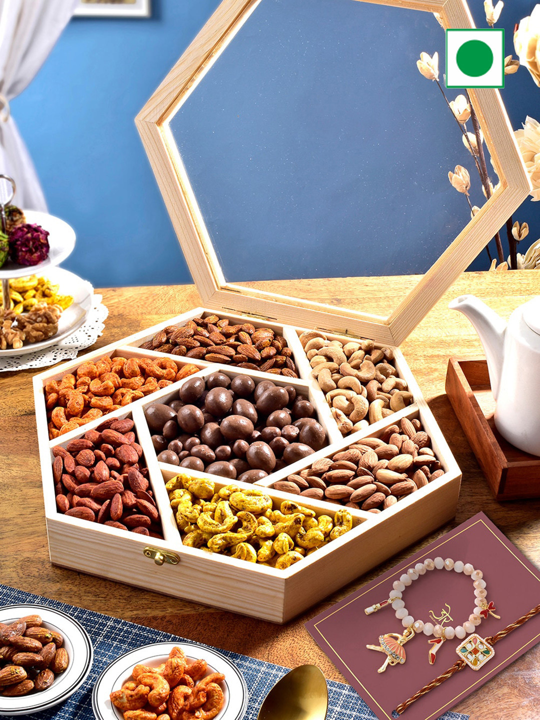 

RawFruit Roasted Nuts Hamper With Bhai Bhabhi Rakhi, Cream