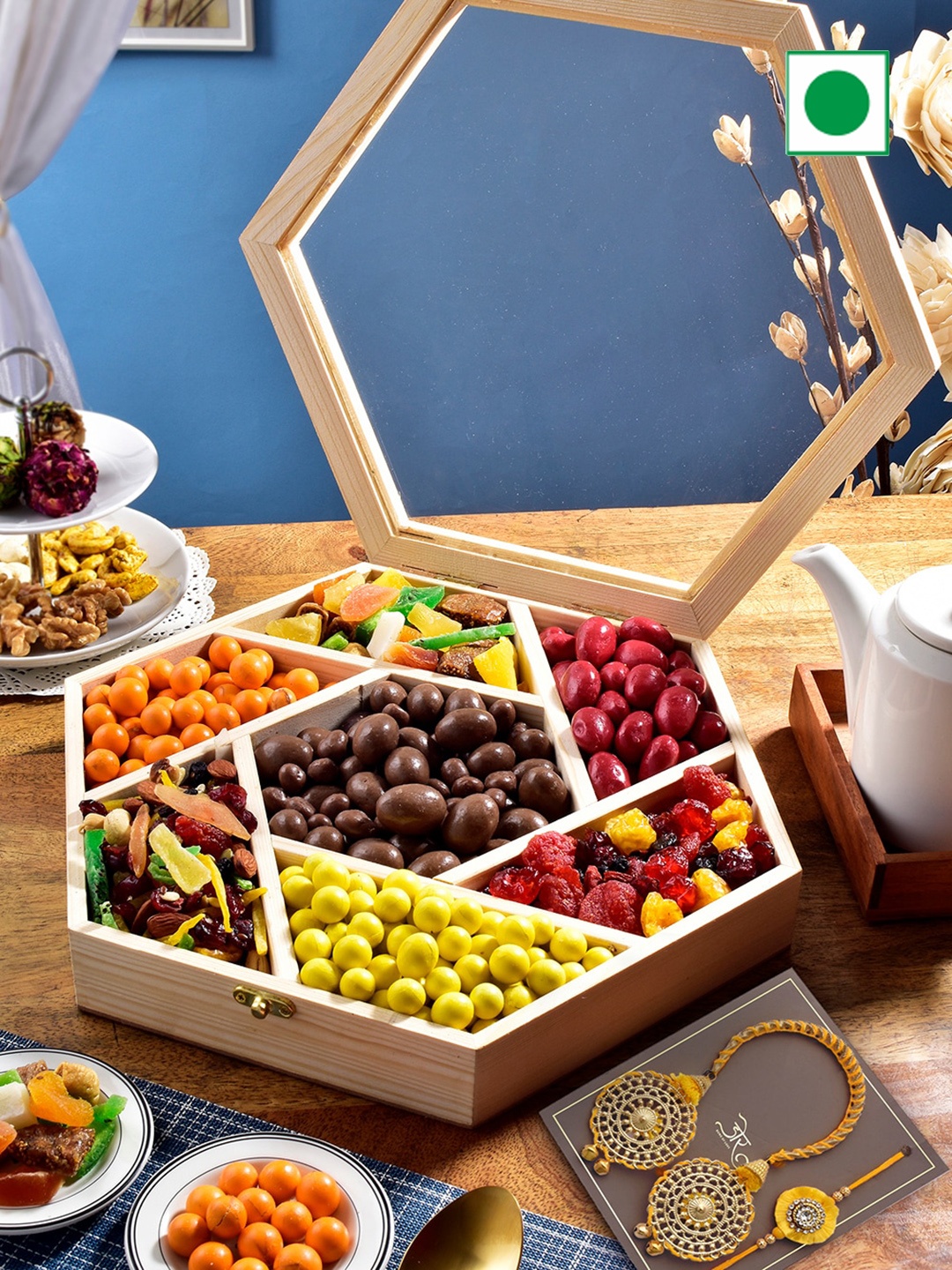 

RawFruit Set Of 2 Stone-Studded Bhai Bhabhi Rakhi With Gift Set, Cream