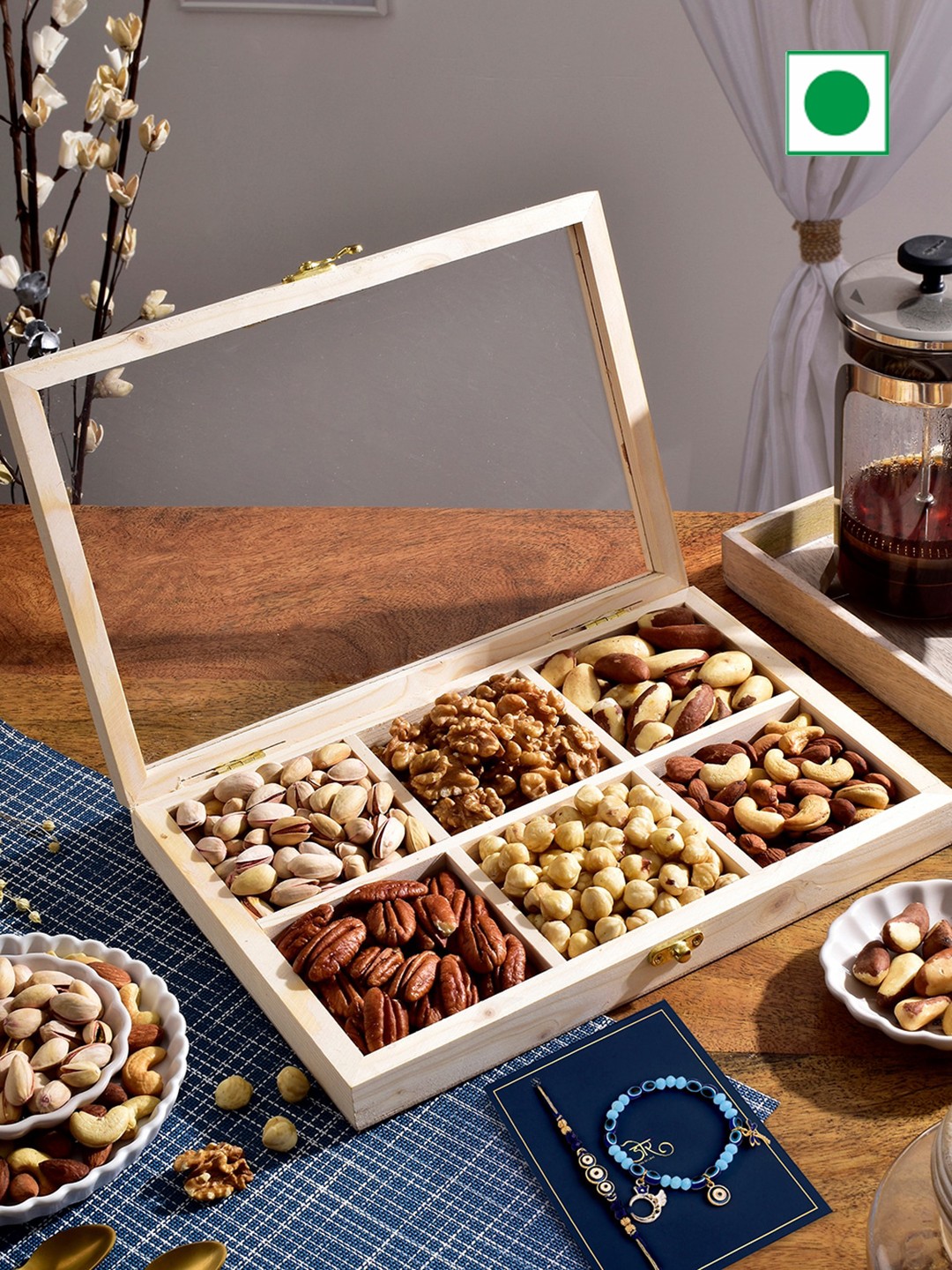 

RawFruit Premium Nut Hamper With Bhai Bhabhi Rakhi, Blue