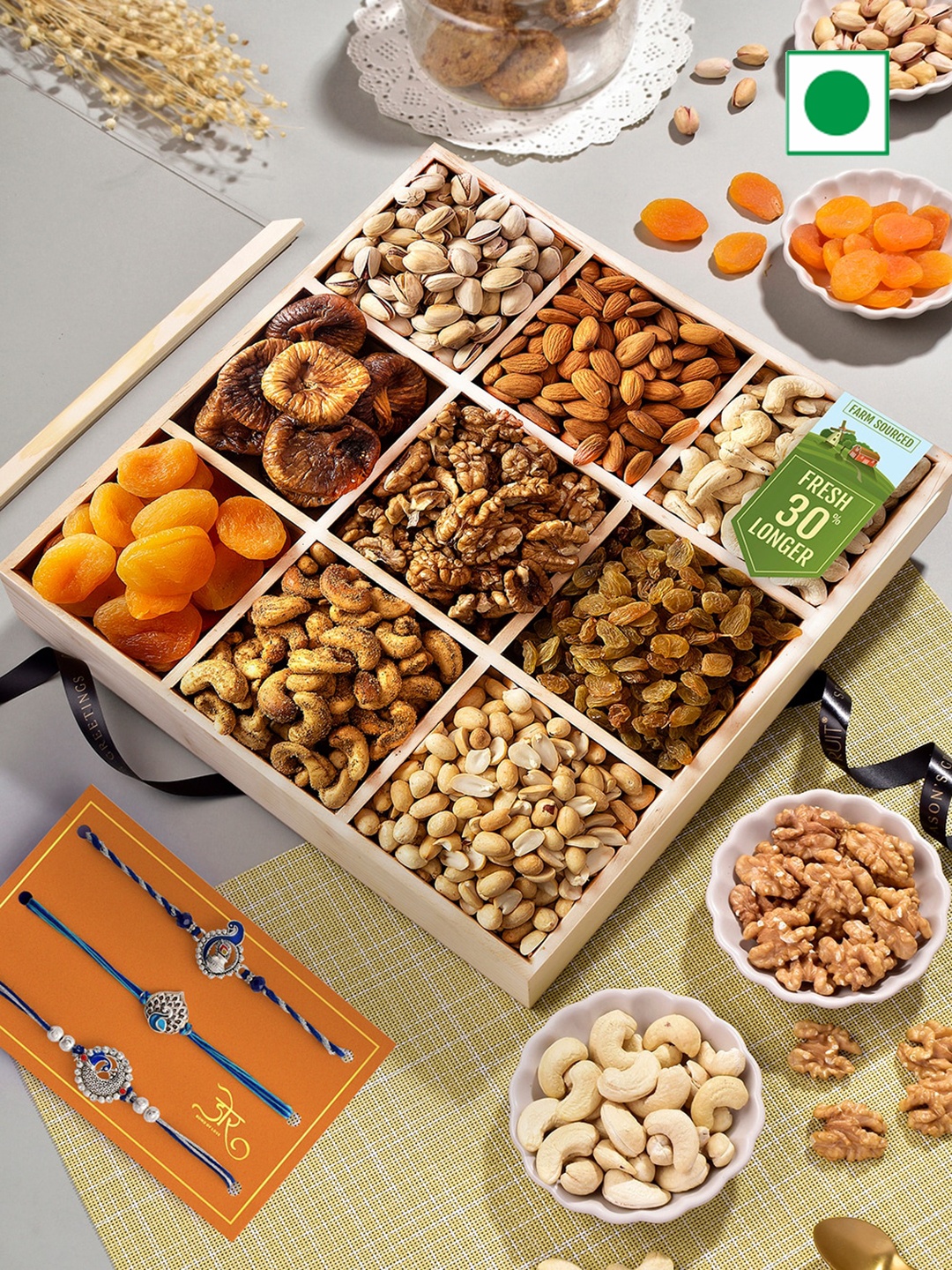 

RawFruit Dryfruits With 3 Rakhis, Silver