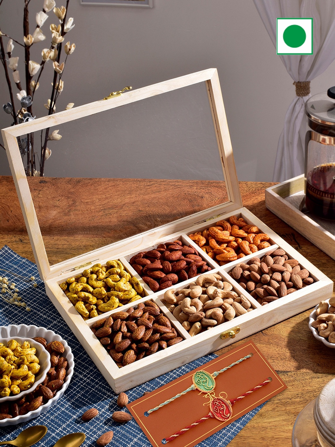 

RawFruit Roasted Mix Hamper with 2 Rakhis, Green