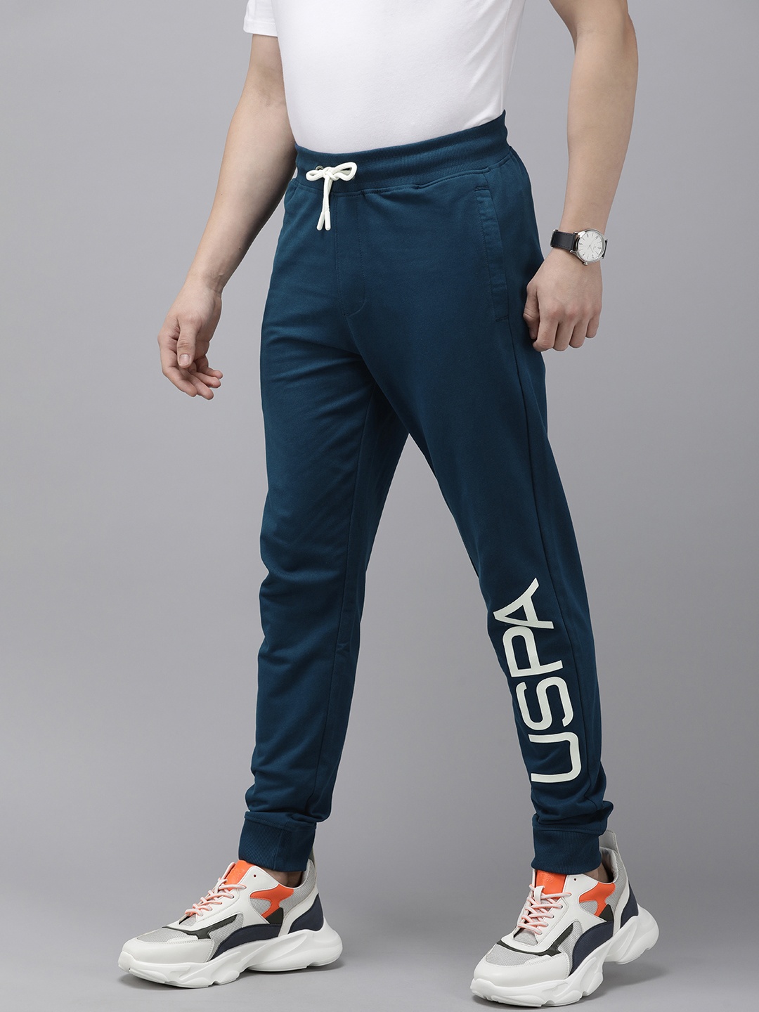 

U.S. Polo Assn. Denim Co. Men Brand Logo Printed Mid-Rise Pure Cotton Joggers, Blue