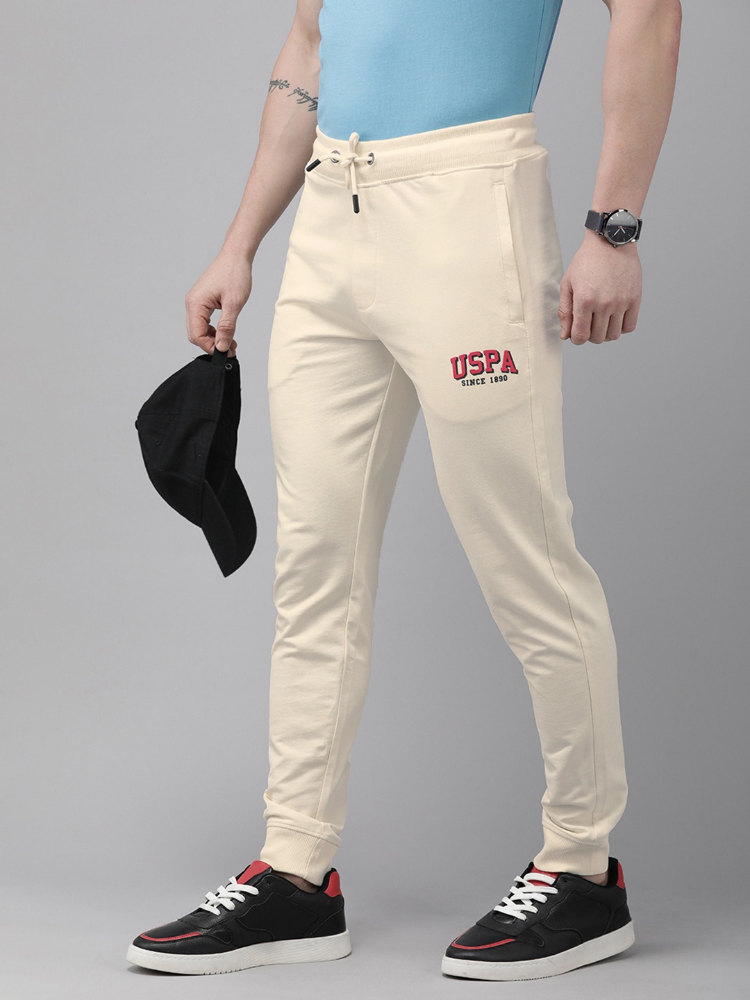 

U.S. Polo Assn. Denim Co. Men Pure Cotton Solid With Minimal Print Mid-Rise Joggers, Off white