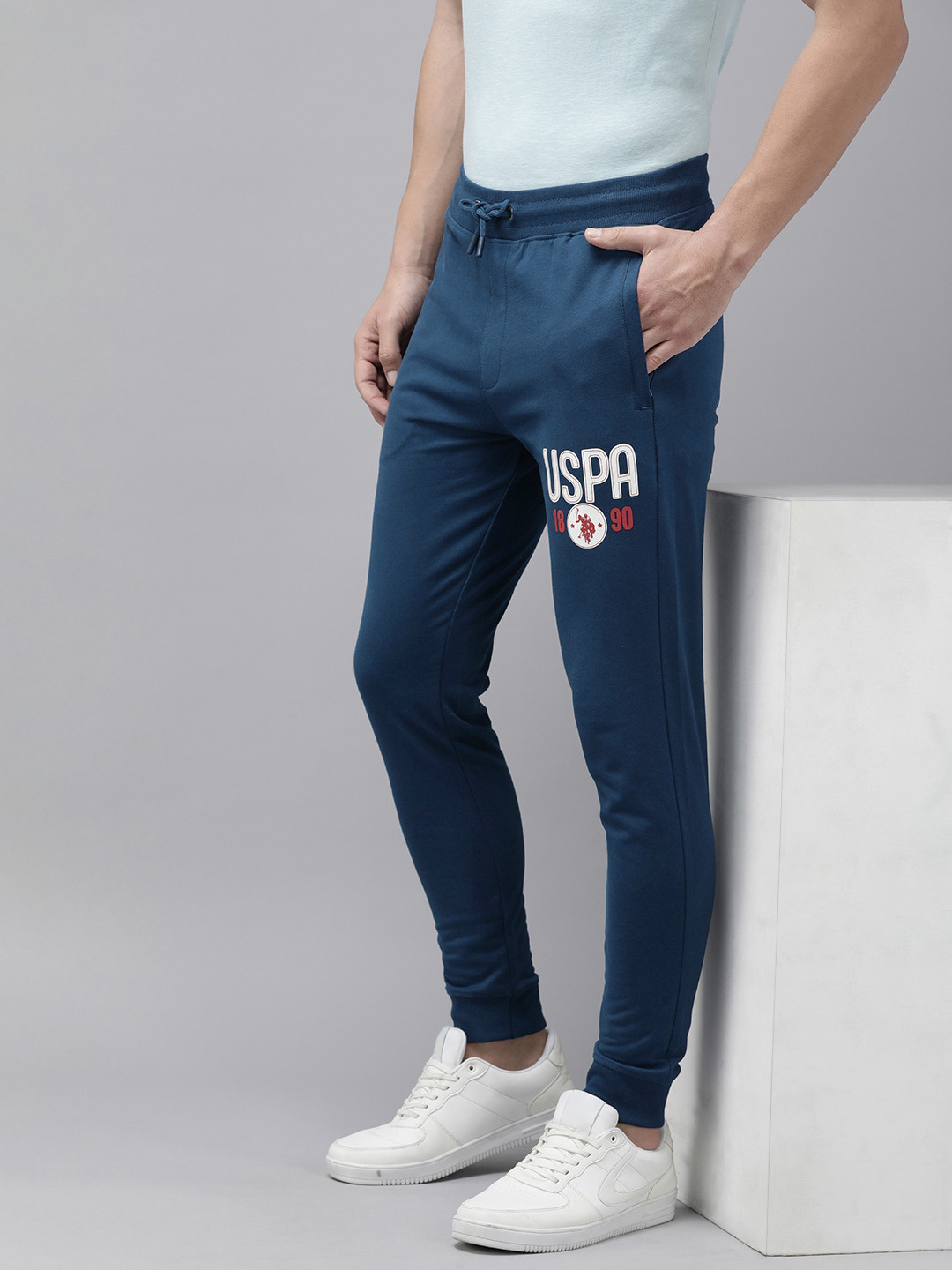 

U.S. Polo Assn. Denim Co. Pure Cotton Brand Logo Printed Mid-Rise Joggers, Navy blue