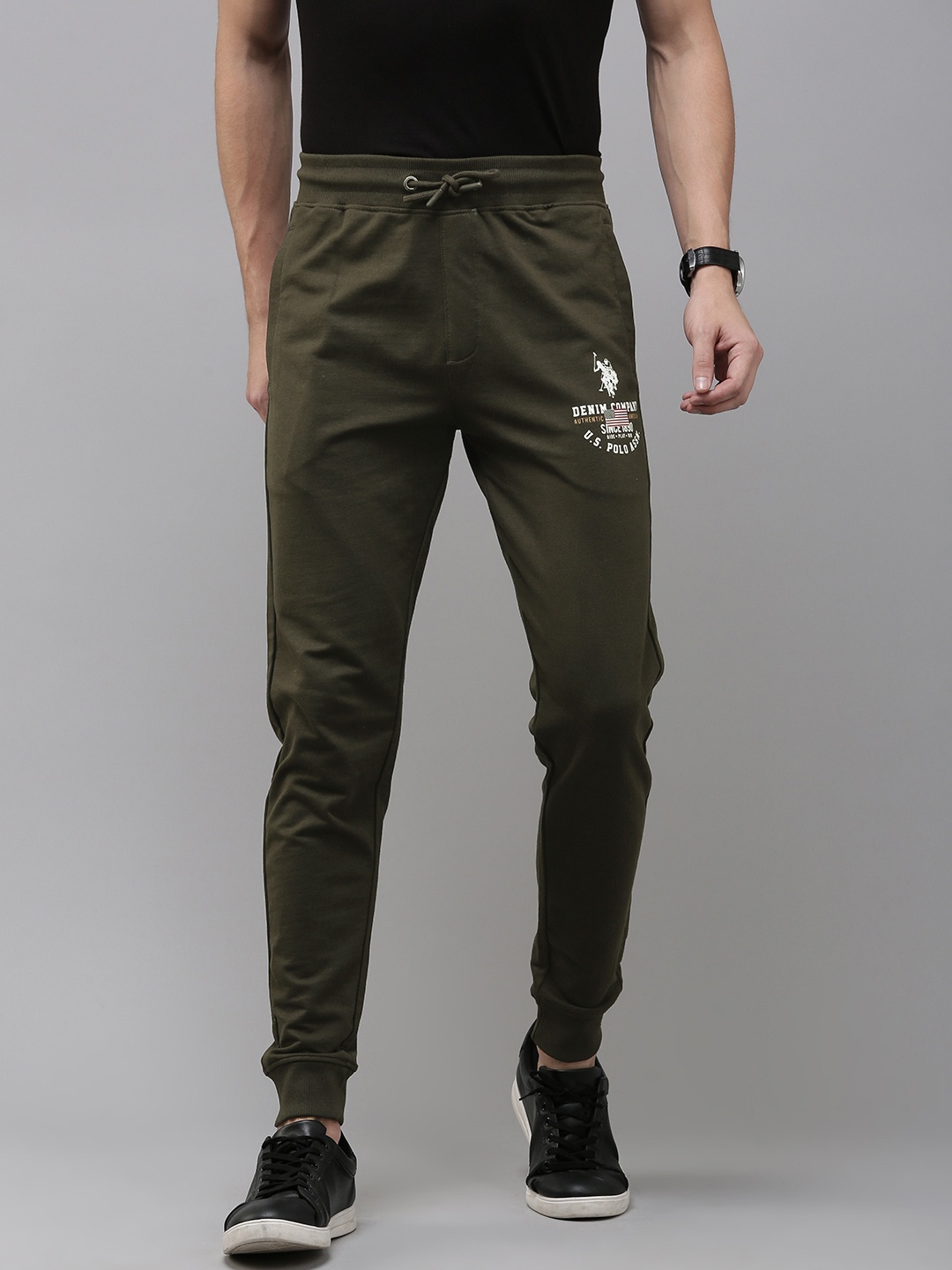 

U.S. Polo Assn. Denim Co. Pure Cotton Solid Mid-Rise Joggers Track Pants, Olive