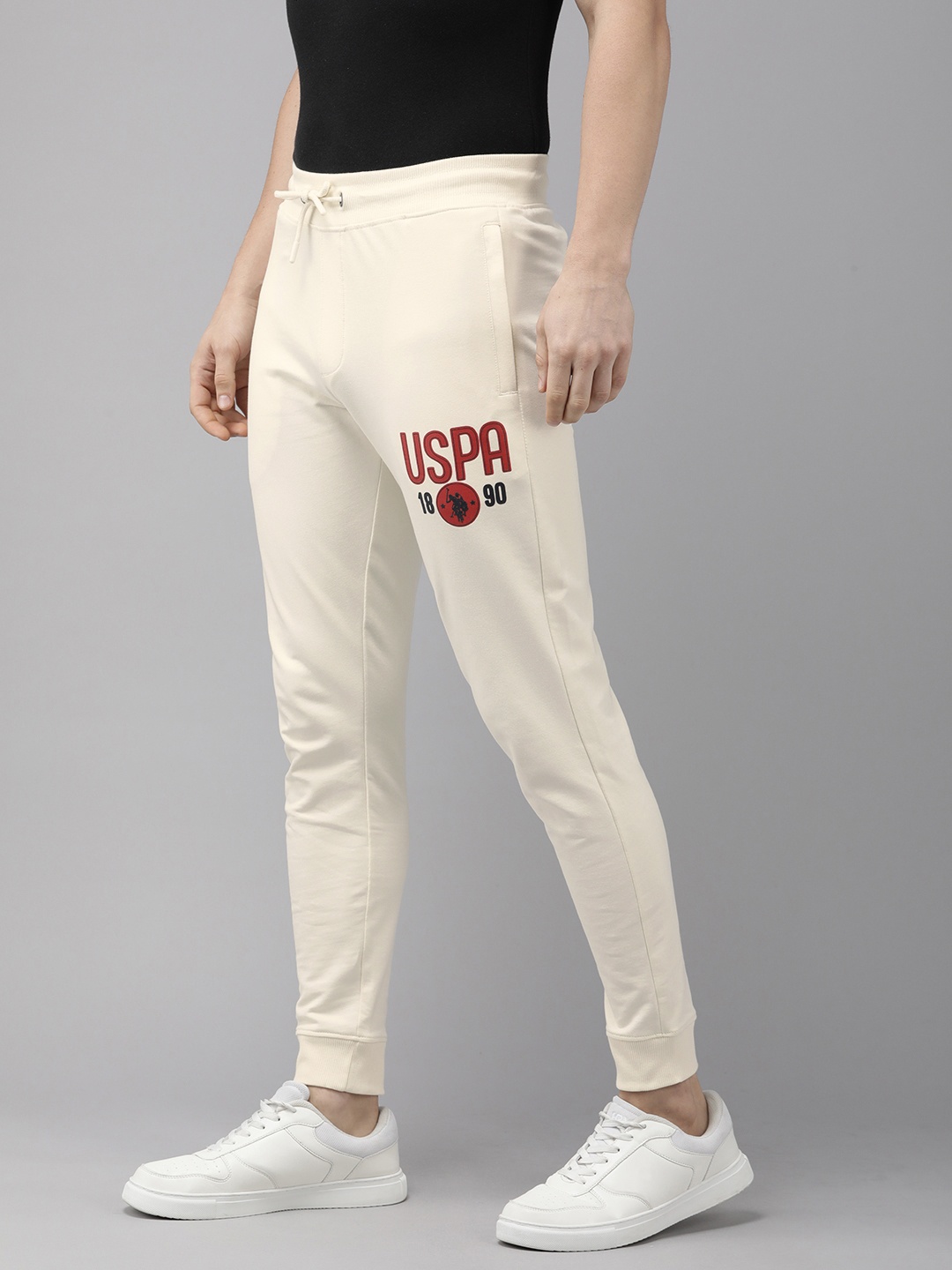 

U.S. Polo Assn. Denim Co. Men Pure Cotton Brand Logo Printed Mid-Rise Joggers, Off white