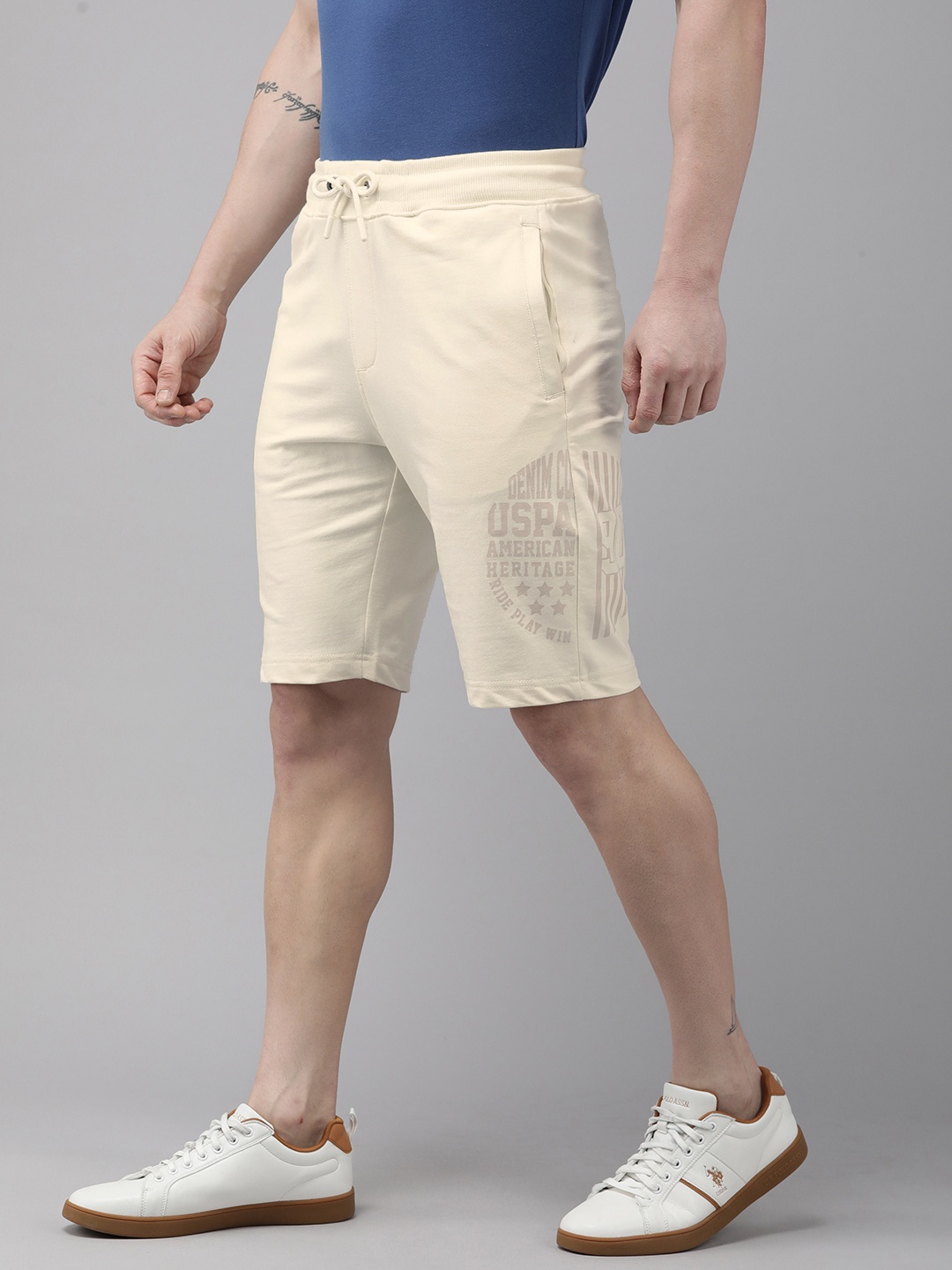 

U.S. Polo Assn. Denim Co. Men Pure Cotton Brand Logo Printed Mid-Rise Shorts, Beige