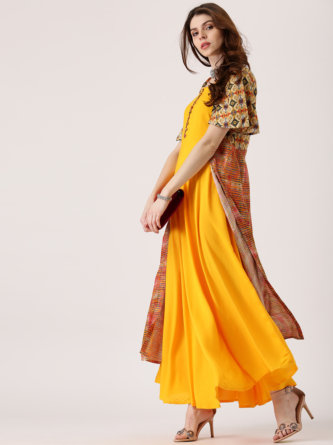 

Libas Women Yellow Solid Anarkali Kurta with Printed Longline Ethnic Jacket