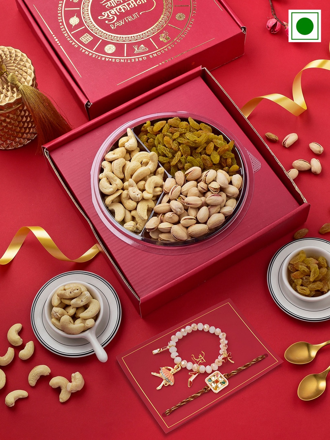 

RawFruit Cashew Pista and Raisins with Bhaiya Bhabhi Rakhi-100gms Each, Maroon