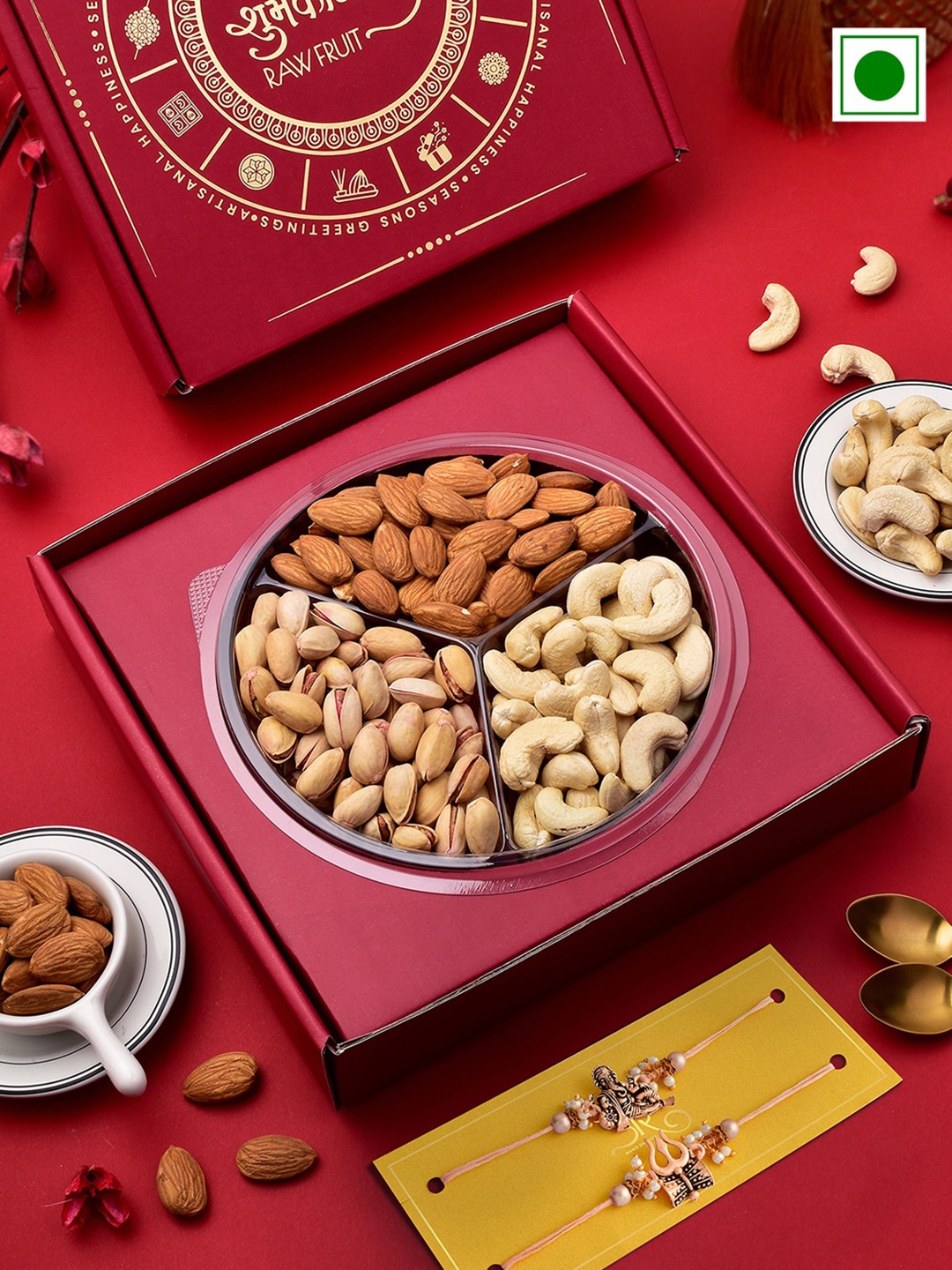 

RawFruit Cashew Almond And Pista With 3 Rakhis, Rose gold