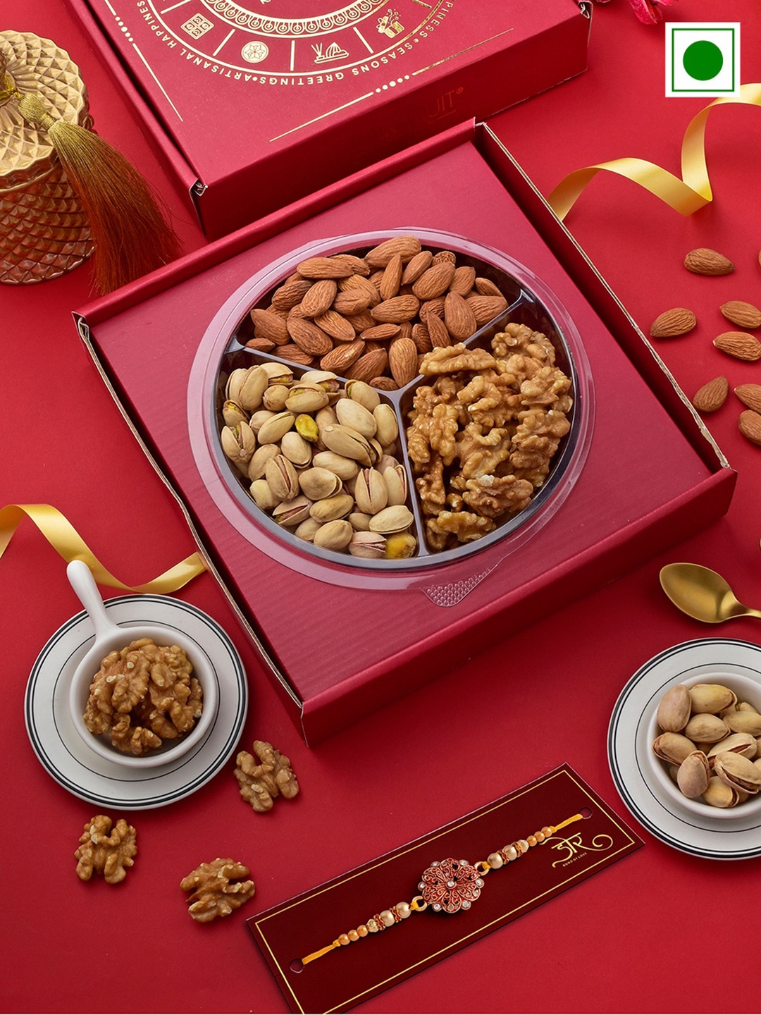 

RawFruit Stone-Studded Rakhis With Gifts Set-100gms Each, Red