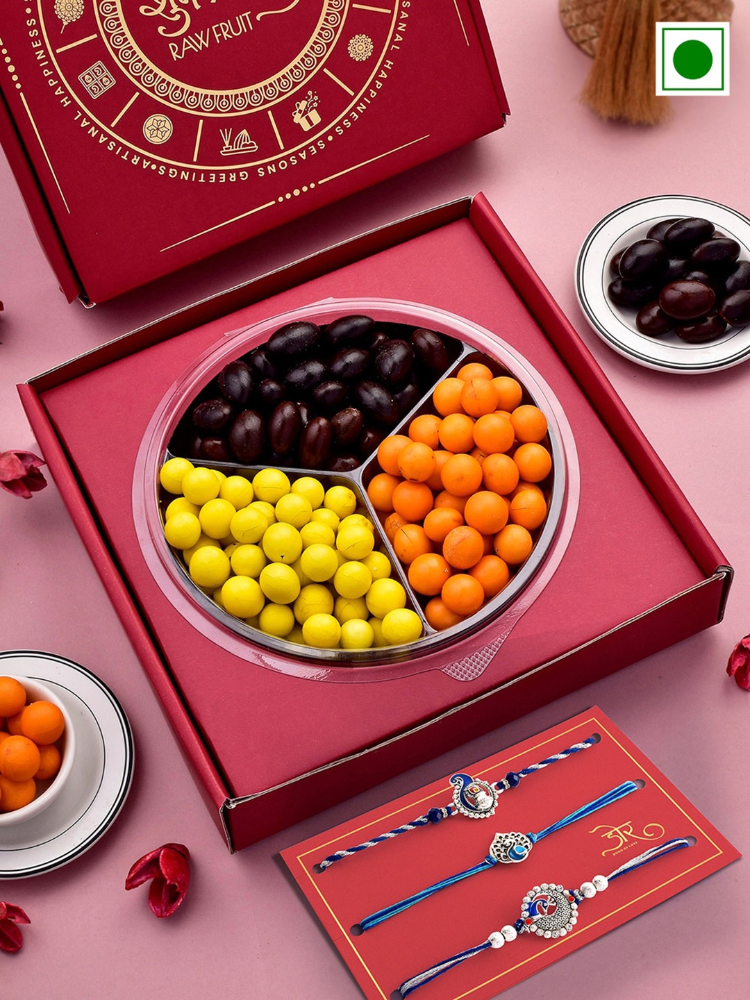 

RawFruit Chocolate Coated Nuts And Dried Fruits Delight with 3 Rakhi, Red