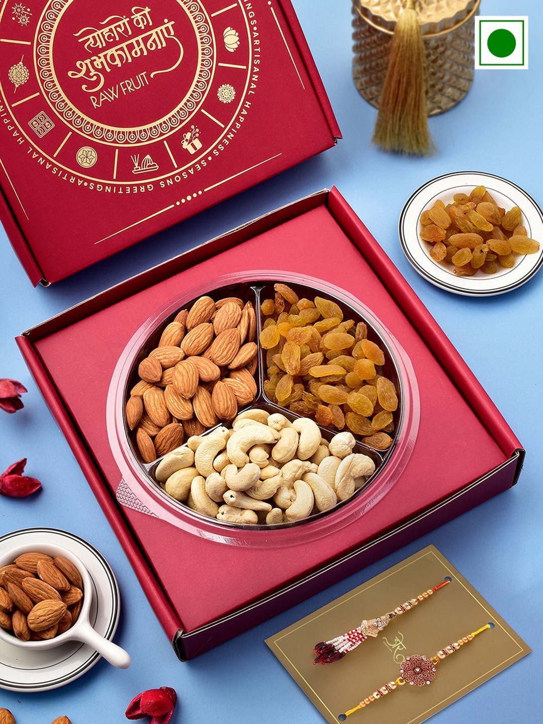 

RawFruit Cashew Almond And Raisin With 2 Bhai Bhabhi Rakhis, Red