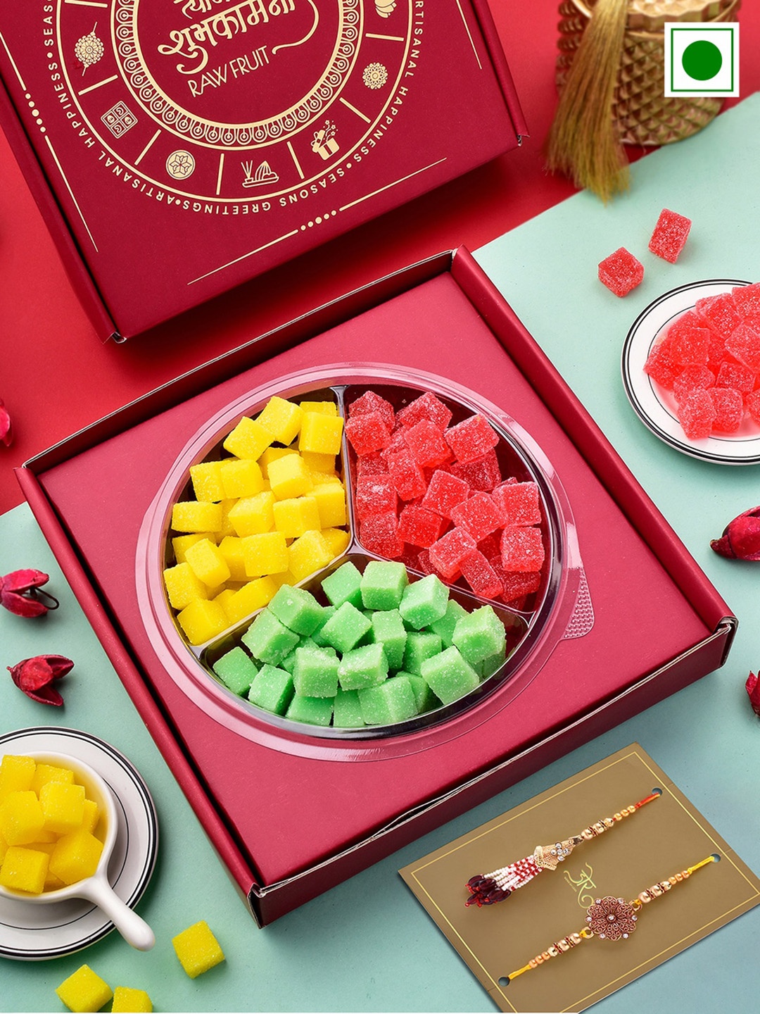 

RawFruit Guava And Mango Jelly With 2 Bhai Bhabhi Rakhis, Red