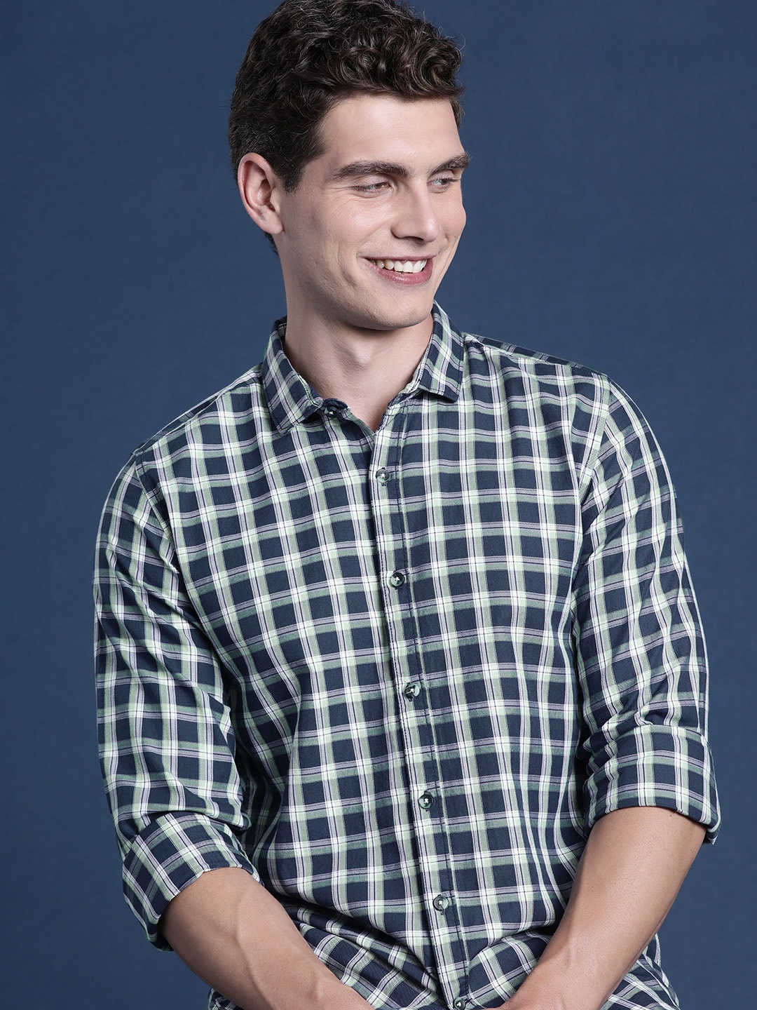 

Mast & Harbour Classic Slim Fit Gingham Checked Pure Cotton Casual Shirt, Navy blue