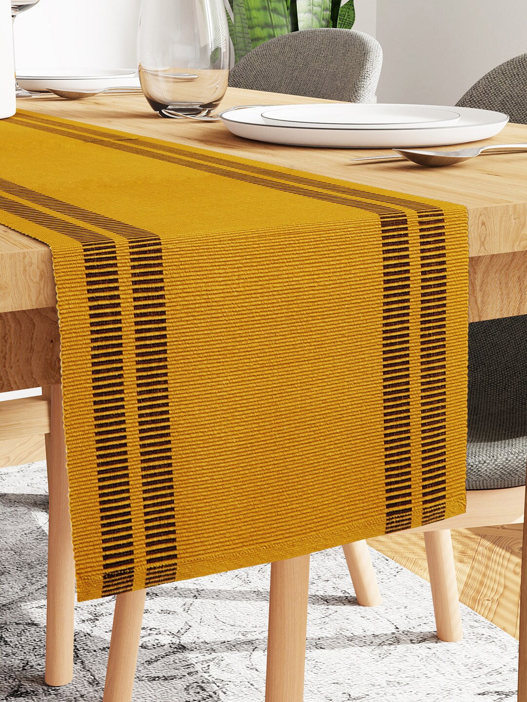 

Encasa Homes Mustard Yellow Striped Pure Cotton Table Runner