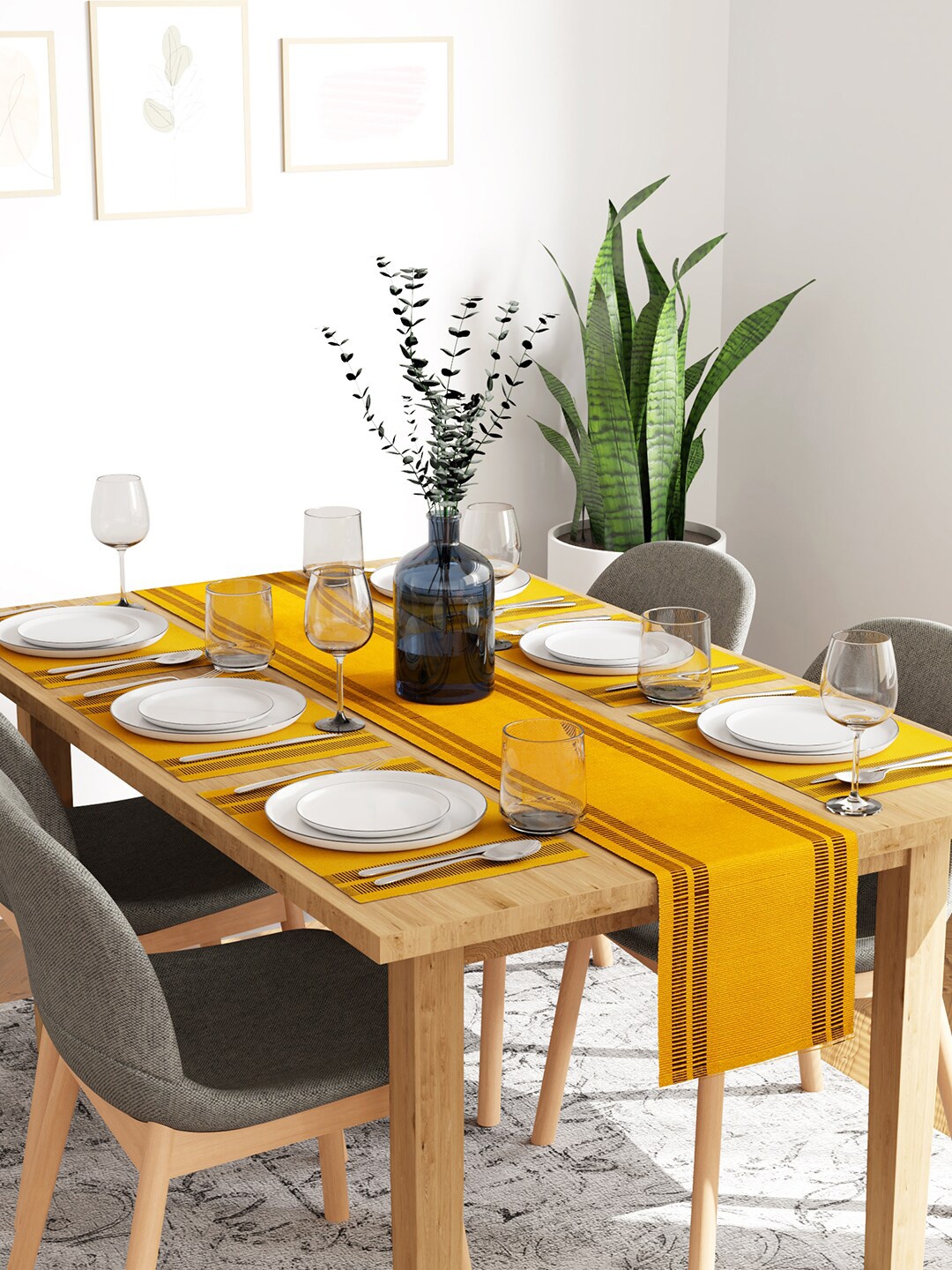 

Encasa Homes Yellow 7-Pcs Striped Cotton Table Linen Set