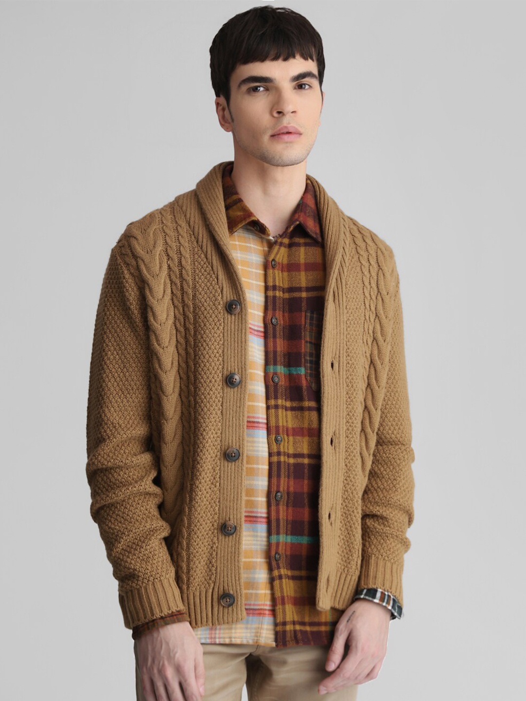 

Jack & Jones Shawl Collar Cable Knit Acrylic Cardigan, Brown