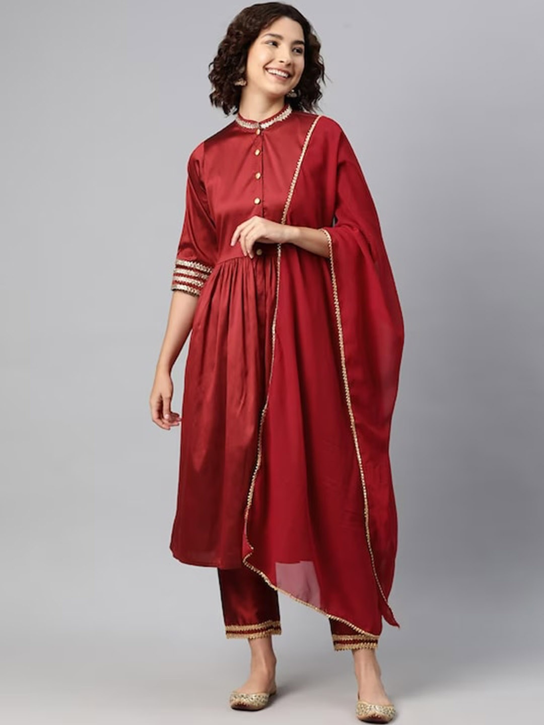 

KALINI Gotta Patti Pleated Kurta With Trousers & Dupatta, Maroon