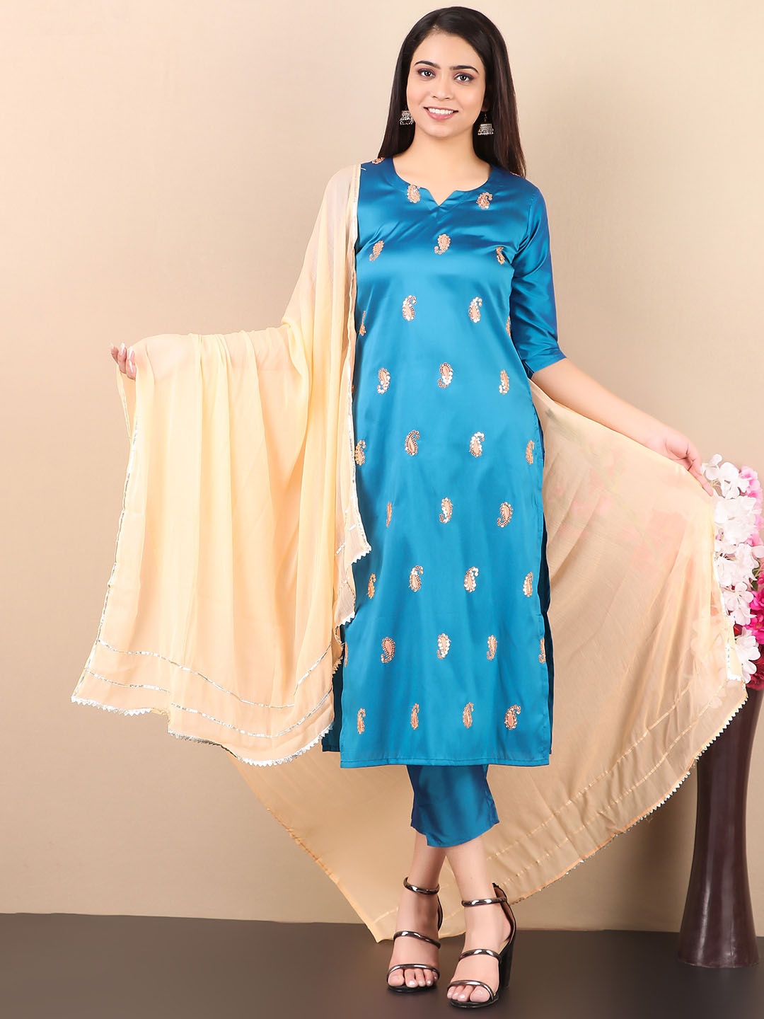 

KALINI Paisley Embroidered Regular Kurta With Trousers & Dupatta, Blue