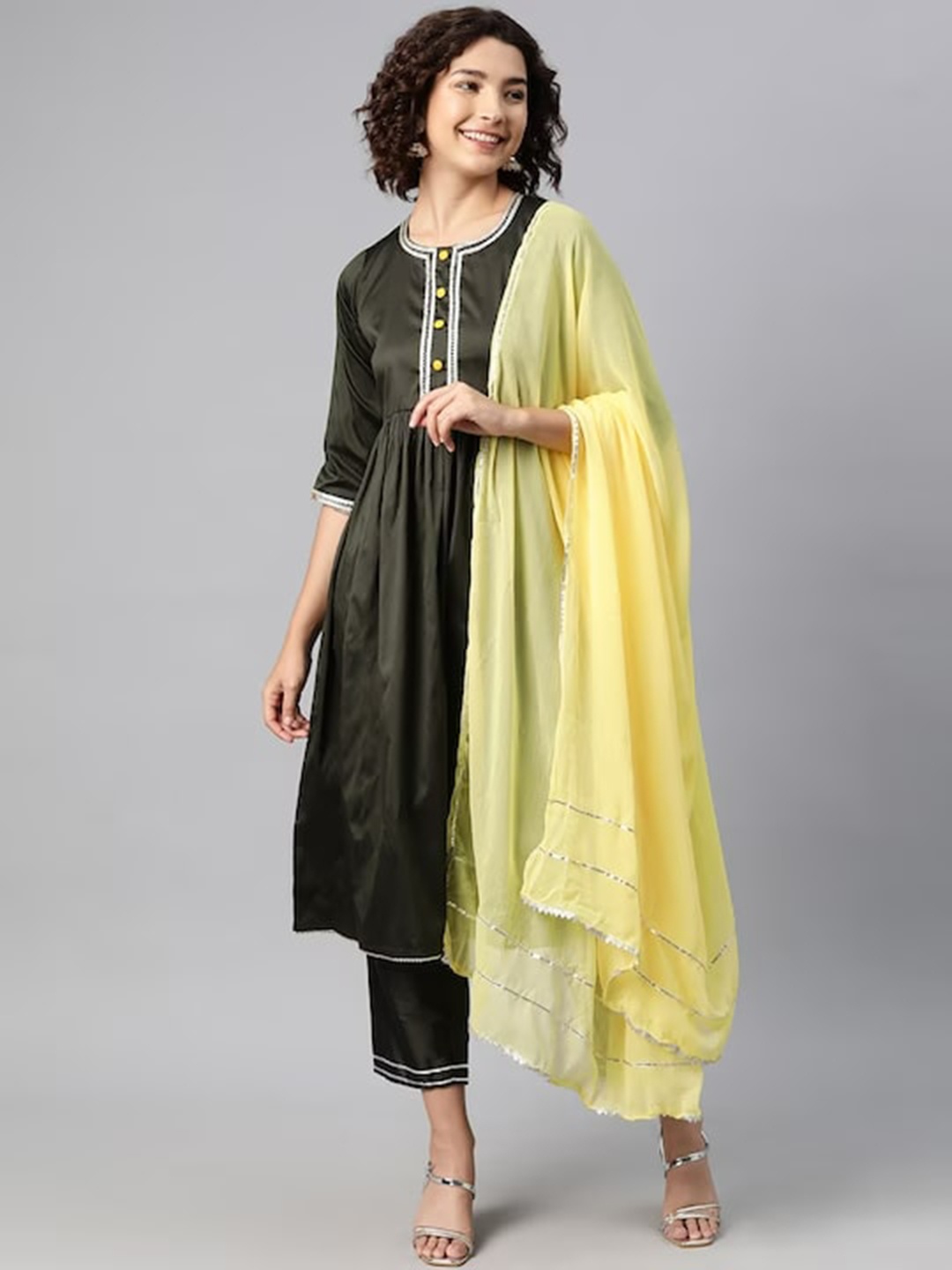 

KALINI Pleated A-Line Kurta With Trousers & Dupatta, Green