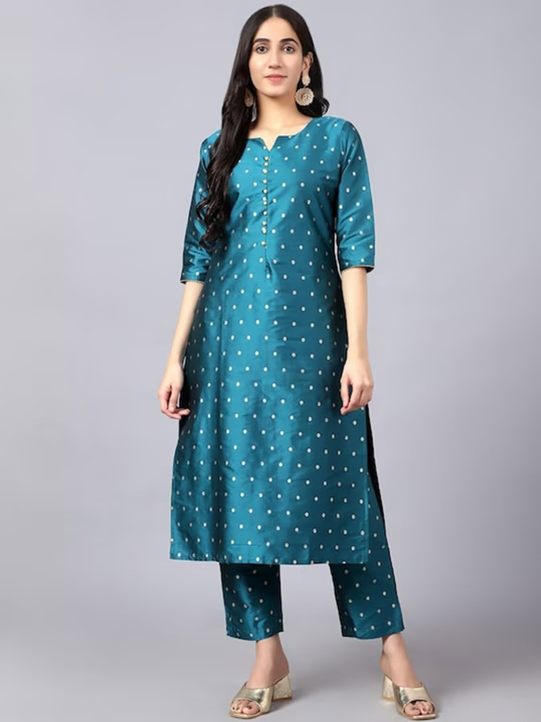 

KALINI Ethnic Motifs Woven Design Notched Neck Kurta With Trousers & Dupatta, Blue