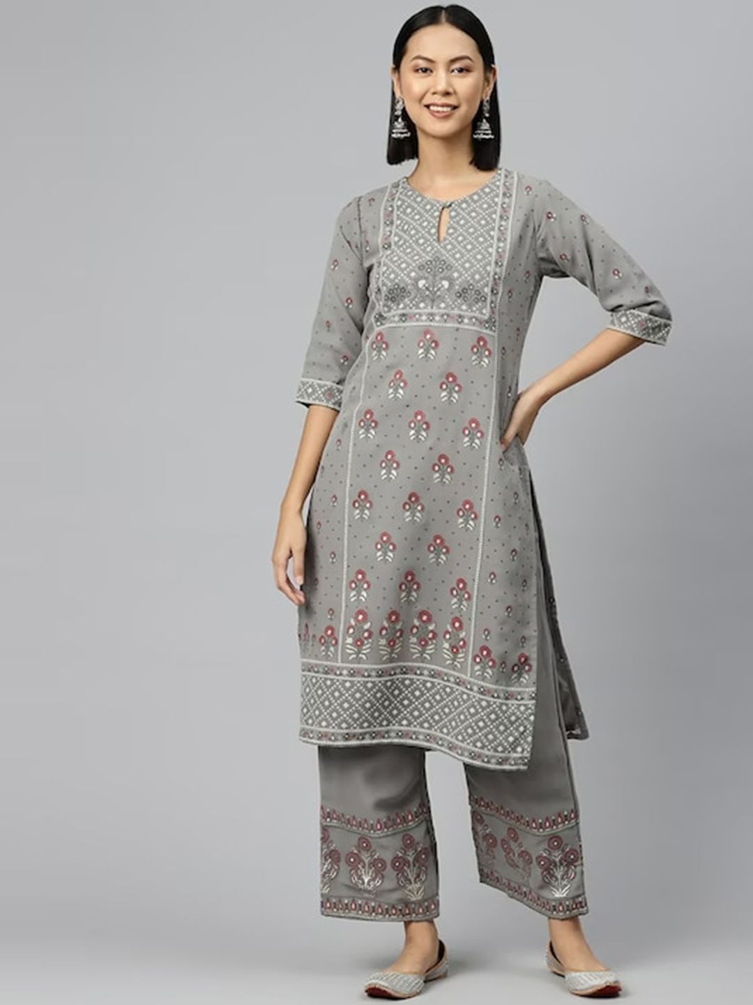 

KALINI Ethnic Motifs Printed Regular Straight Kurta With Trousers, Grey