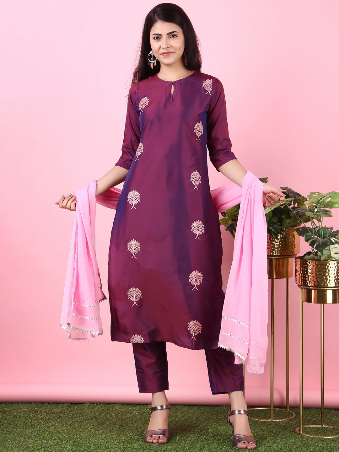 

KALINI Ethnic Motifs Embroidered Keyhole Neck Regular Kurta With Trousers & Dupatta, Purple