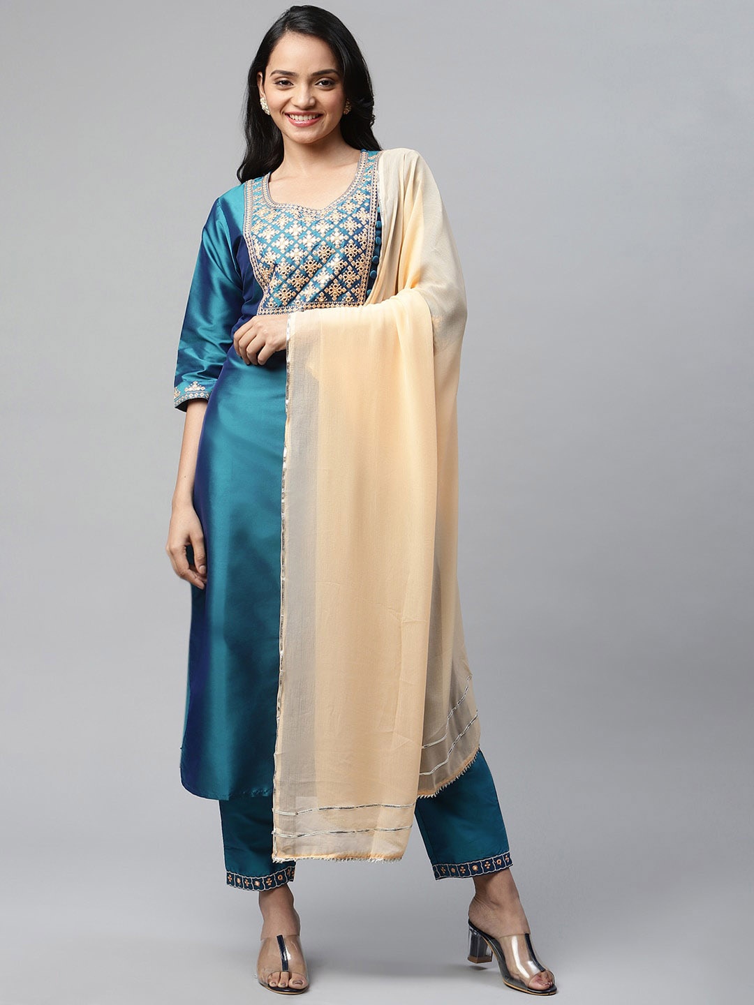 

KALINI Yoke Design Regular Mirror Work Kurta With Trousers & Dupatta, Blue