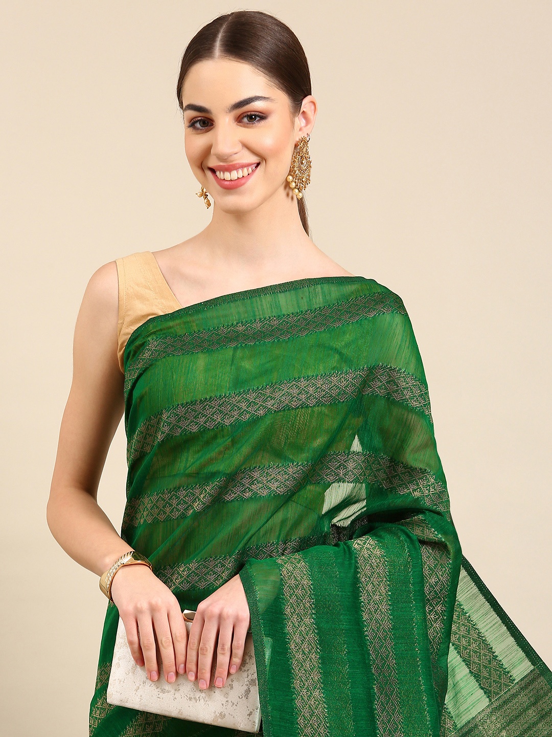 

Kalyan Silks Striped Zari Jute Silk Saree, Green