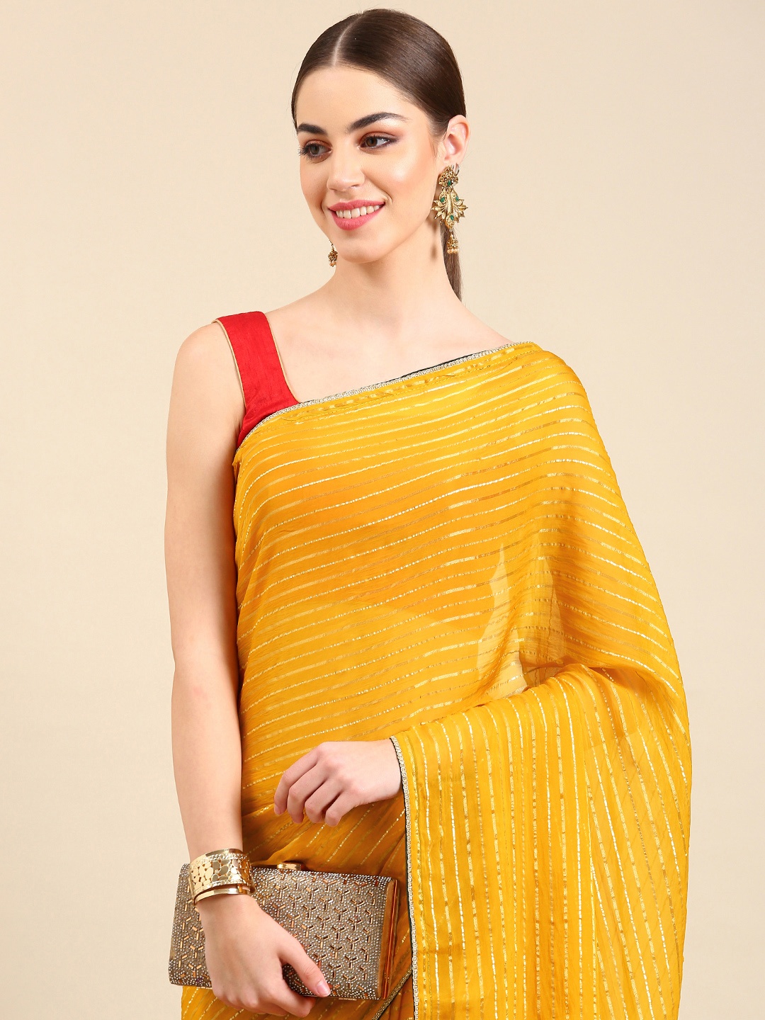 

Kalyan Silks Striped Zari Organza Saree, Yellow