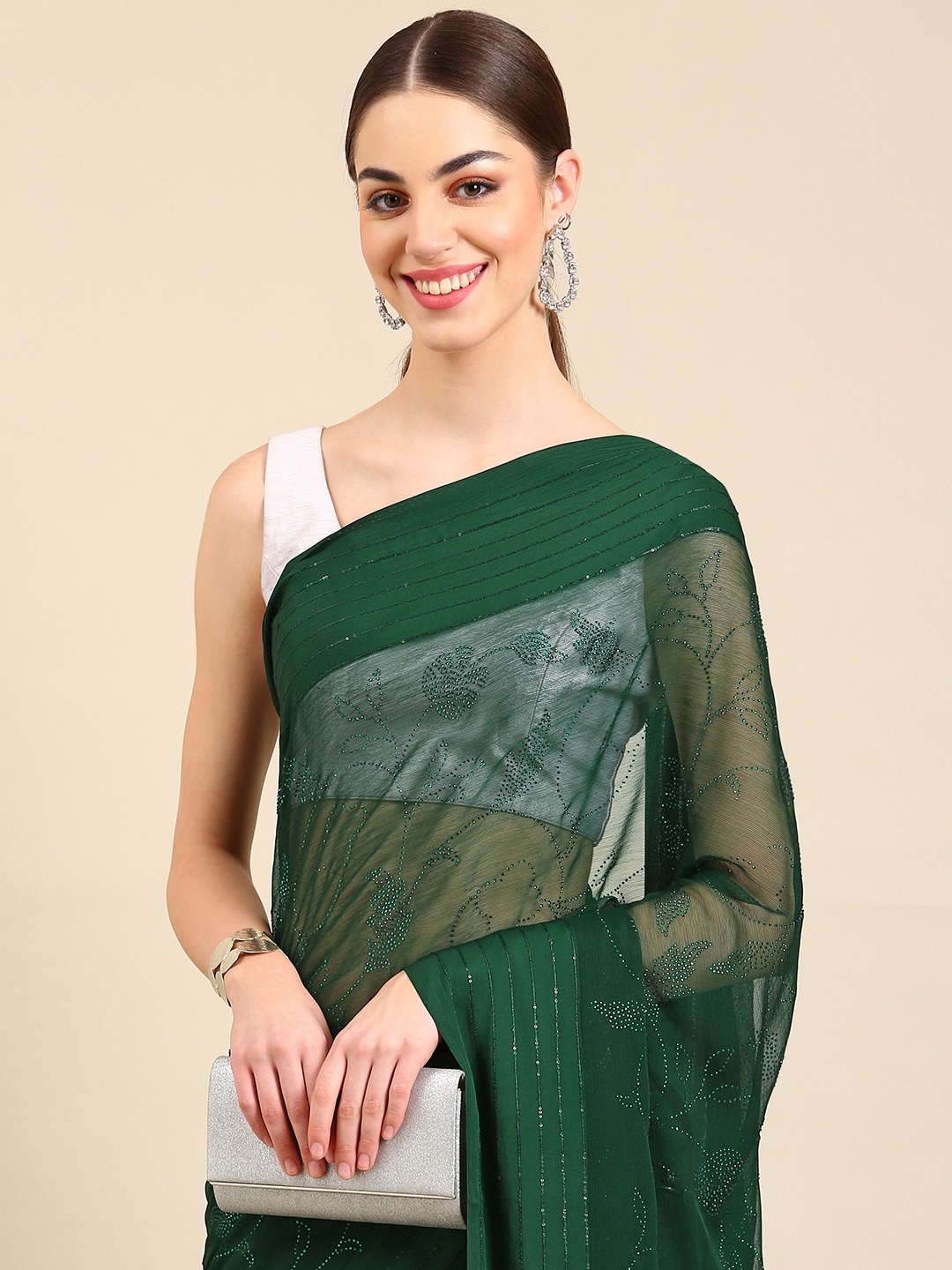 

Kalyan Silks Embellished Stones-Studded Pure Chiffon Saree, Green