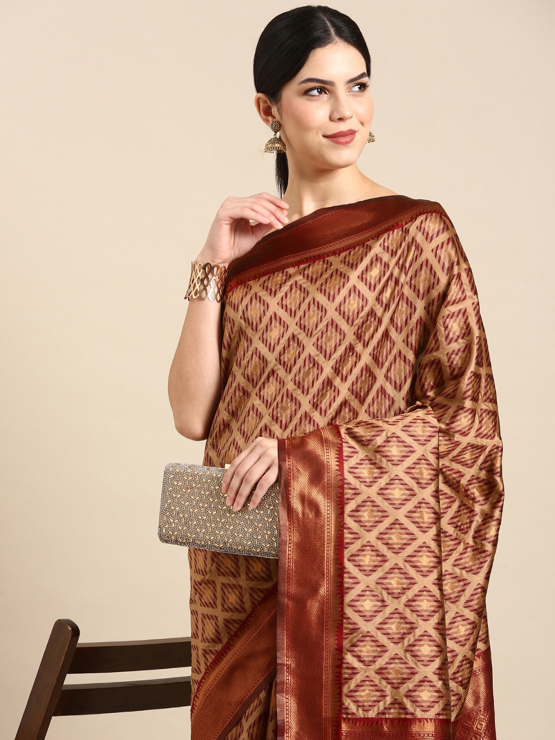 

Kalyan Silks Ethnic Motifs Printed Zari Pure Silk Saree, Maroon