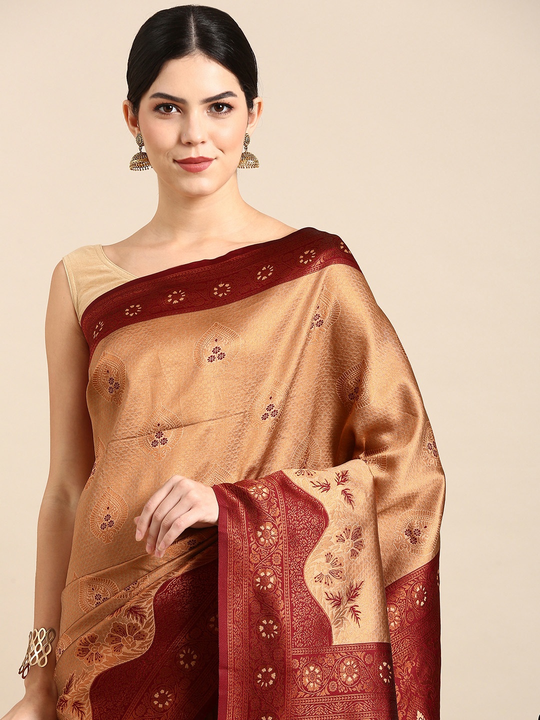 

Kalyan Silks Ethnic Motifs Woven Design Zari Pure Silk Saree, Brown