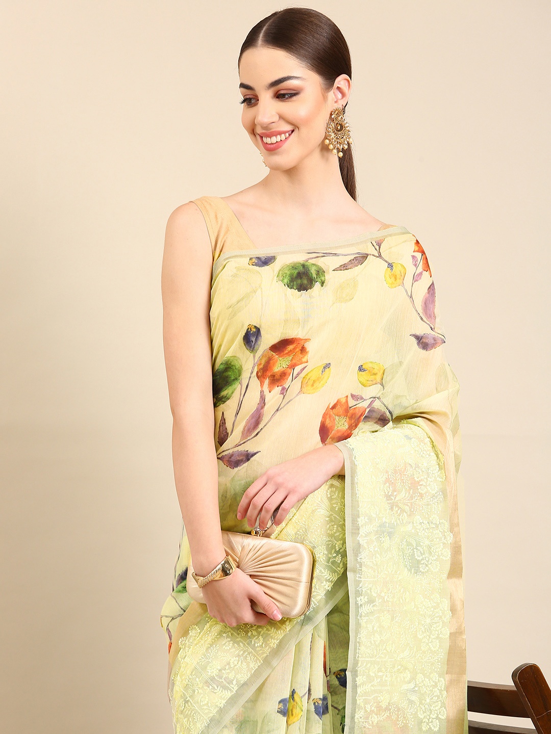 

Kalyan Silks Floral Printed Embroidered Saree, Yellow