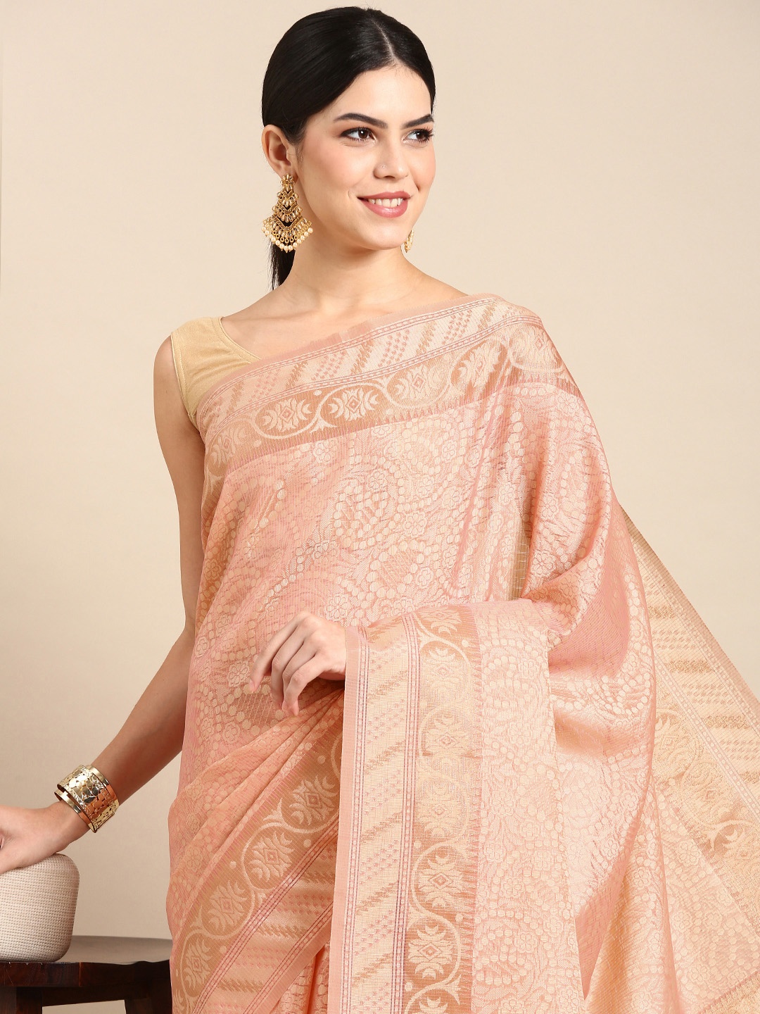 

Kalyan Silks Ethnic Motifs Zari Pure Cotton Saree, Peach