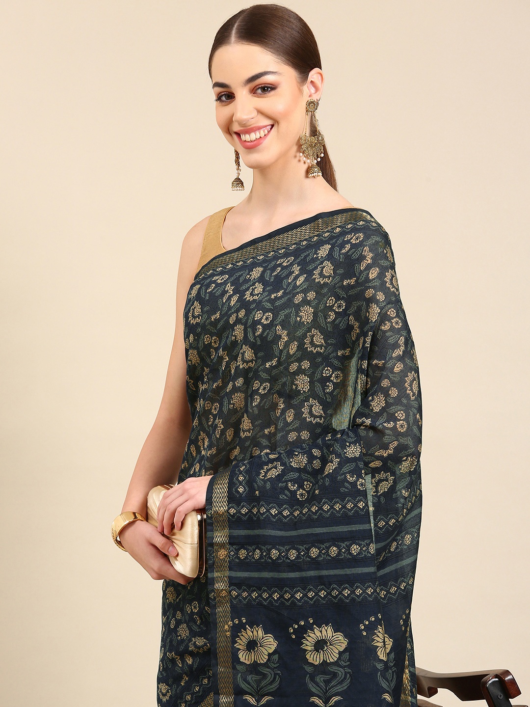 

Kalyan Silks Floral Printed Pure Silk Saree, Navy blue