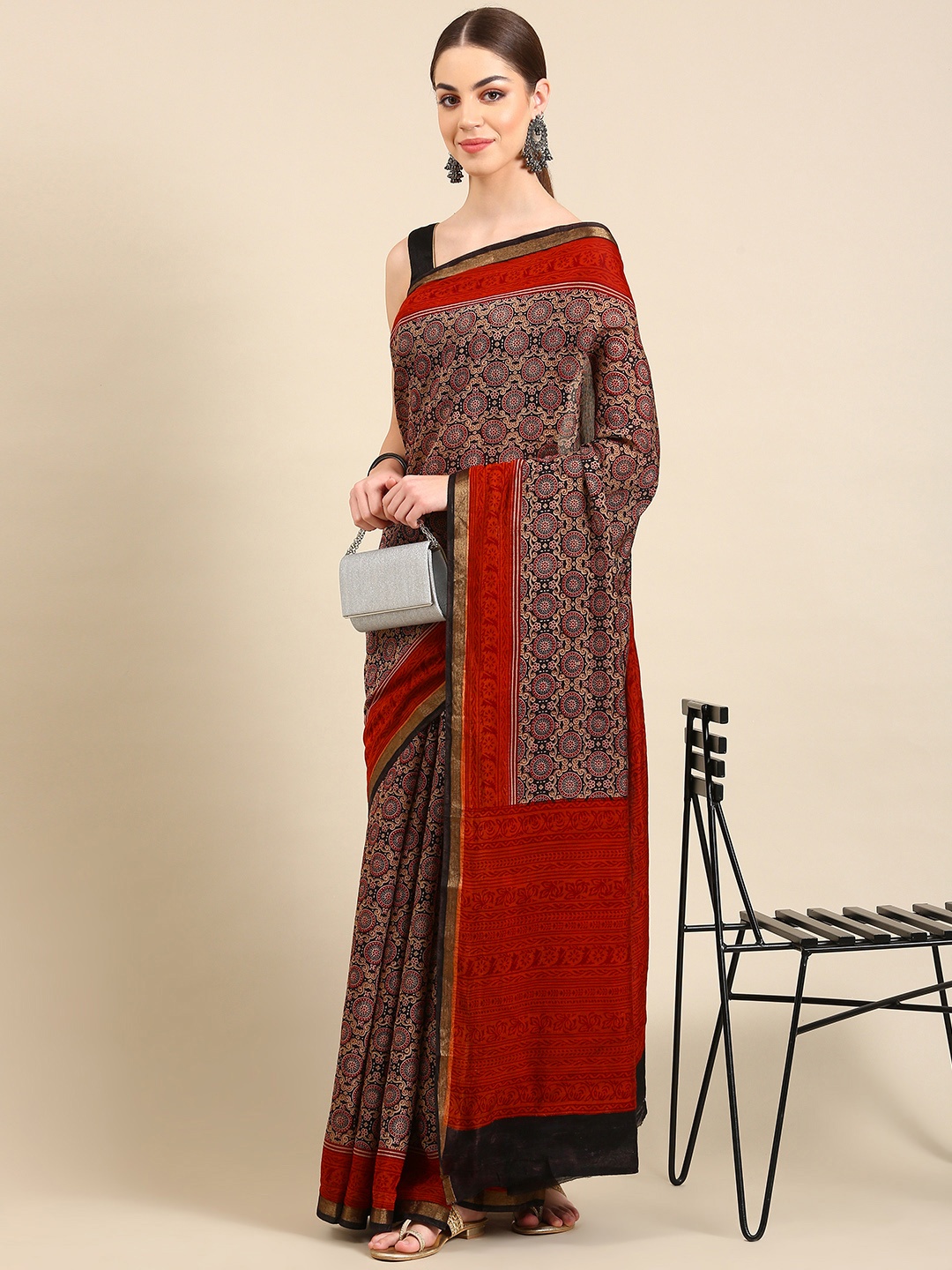 

Kalyan Silks Ethnic Motifs Printed Pure Silk Saree, Brown