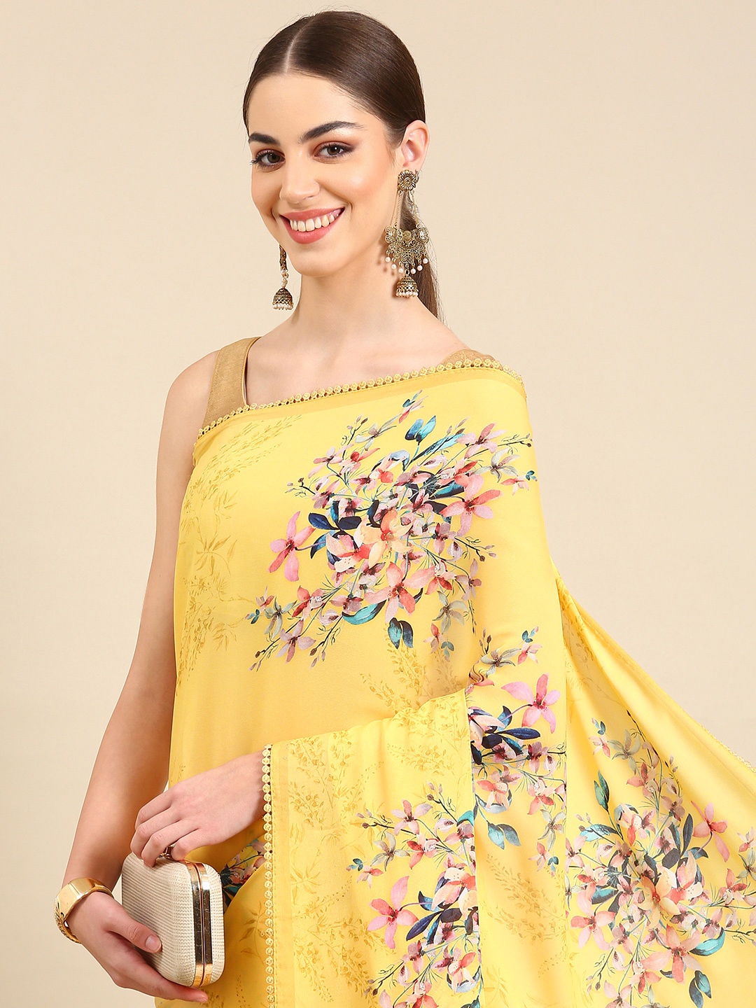 

Kalyan Silks Floral Printed Pure Chiffon Saree, Yellow