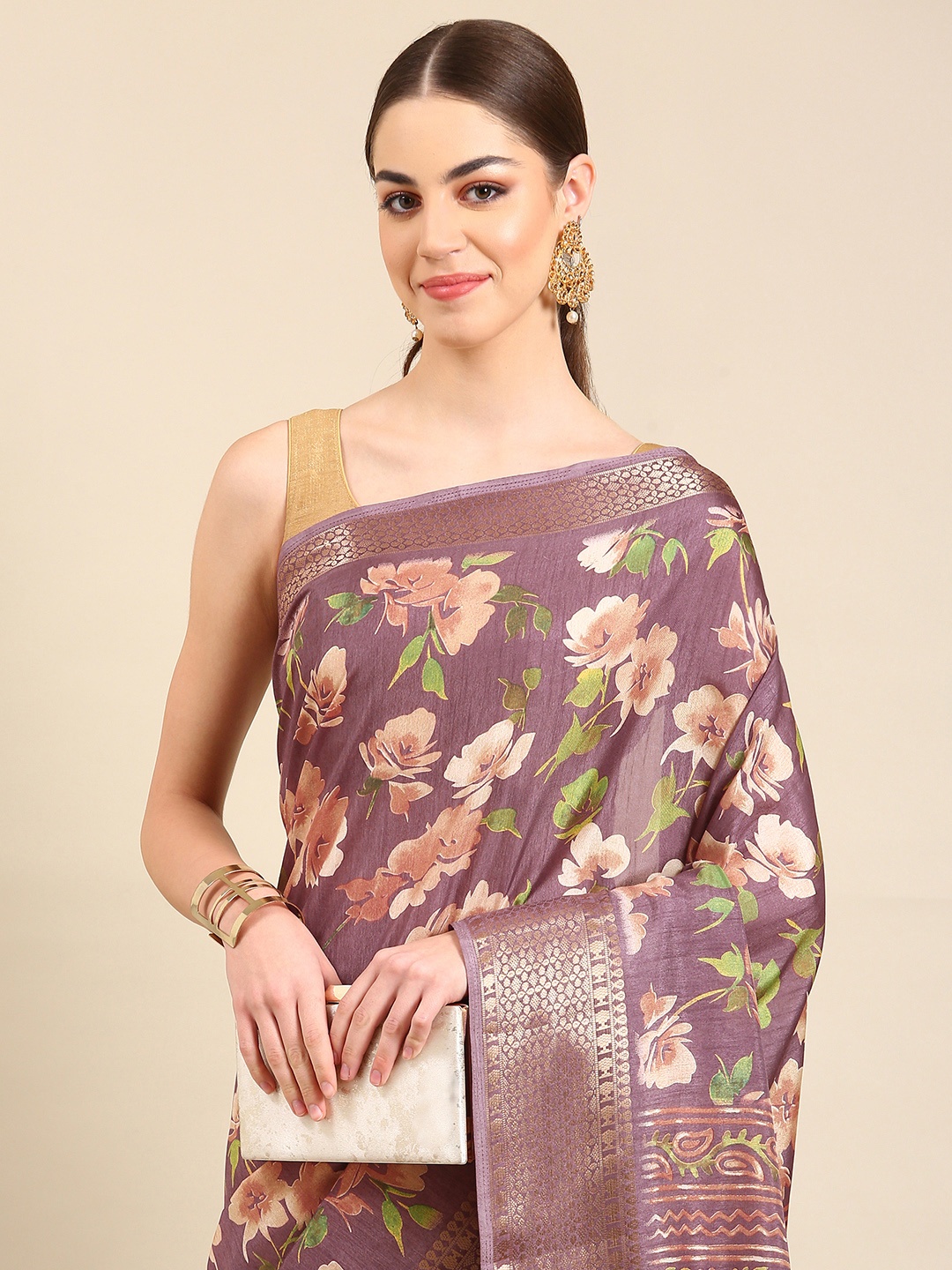 

Kalyan Silks Floral Printed Zari Pure Chiffon Saree, Lavender