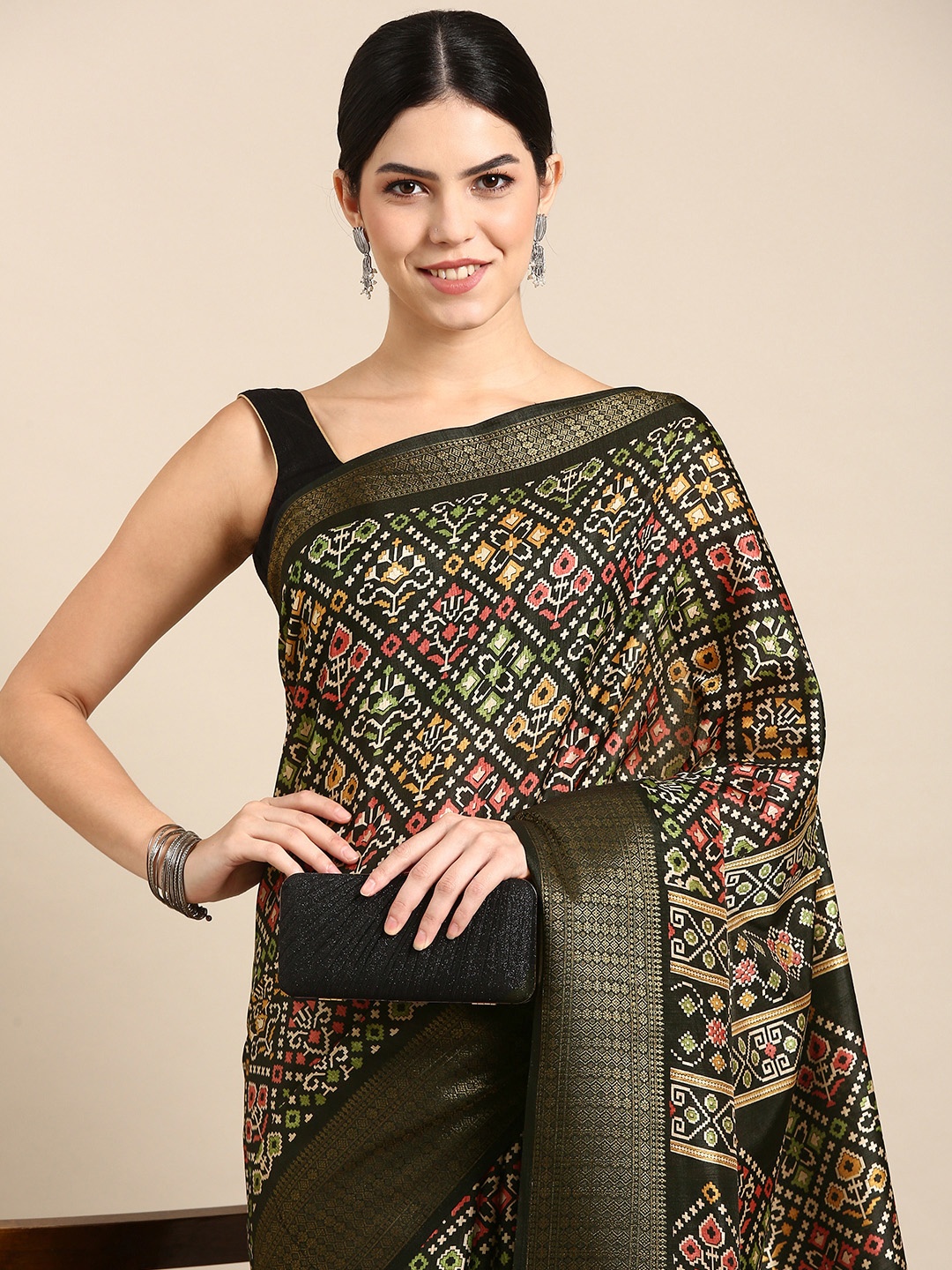 

Kalyan Silks Ethnic Motifs Printed Zari Pure Silk Saree, Black