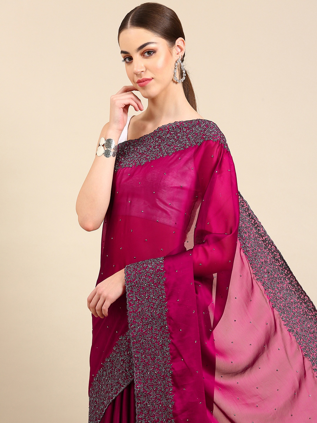 

Kalyan Silks Embellished Stones-Studded Pure Georgette Saree, Burgundy