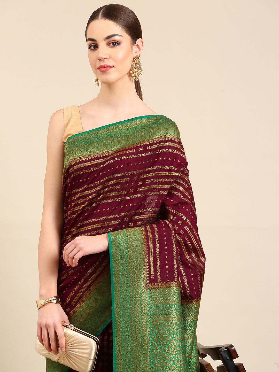 

Kalyan Silks Ethnic Motifs Woven Design Zari Saree, Burgundy