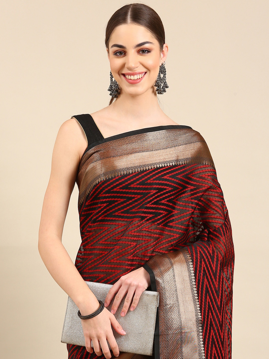 

Kalyan Silks Geometric Printed Zari Pure Cotton Saree, Black
